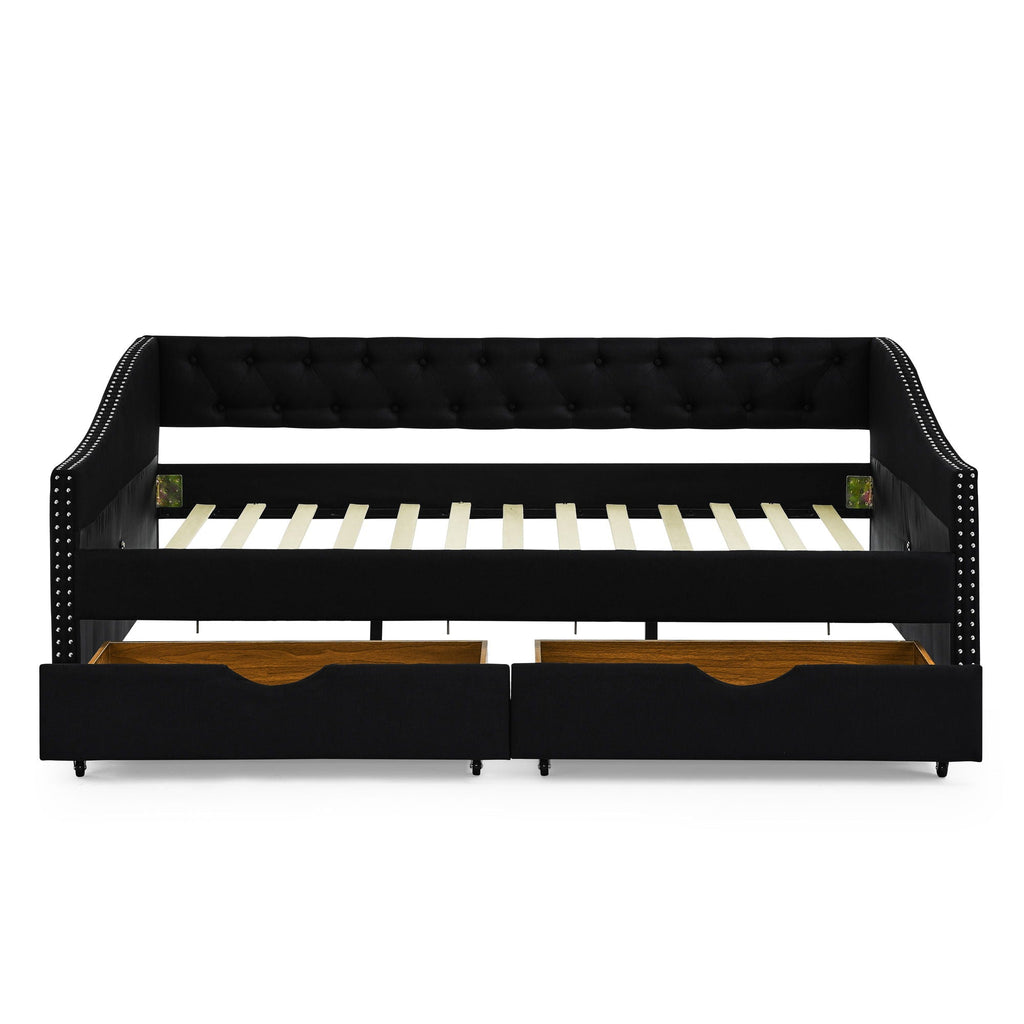 Upholstered Tufted Daybed With 2 Drawers, Waved Arms