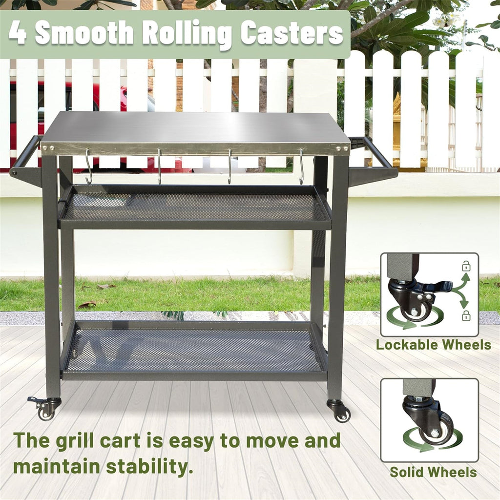3-Shelf Outdoor Grill Table with Wheels