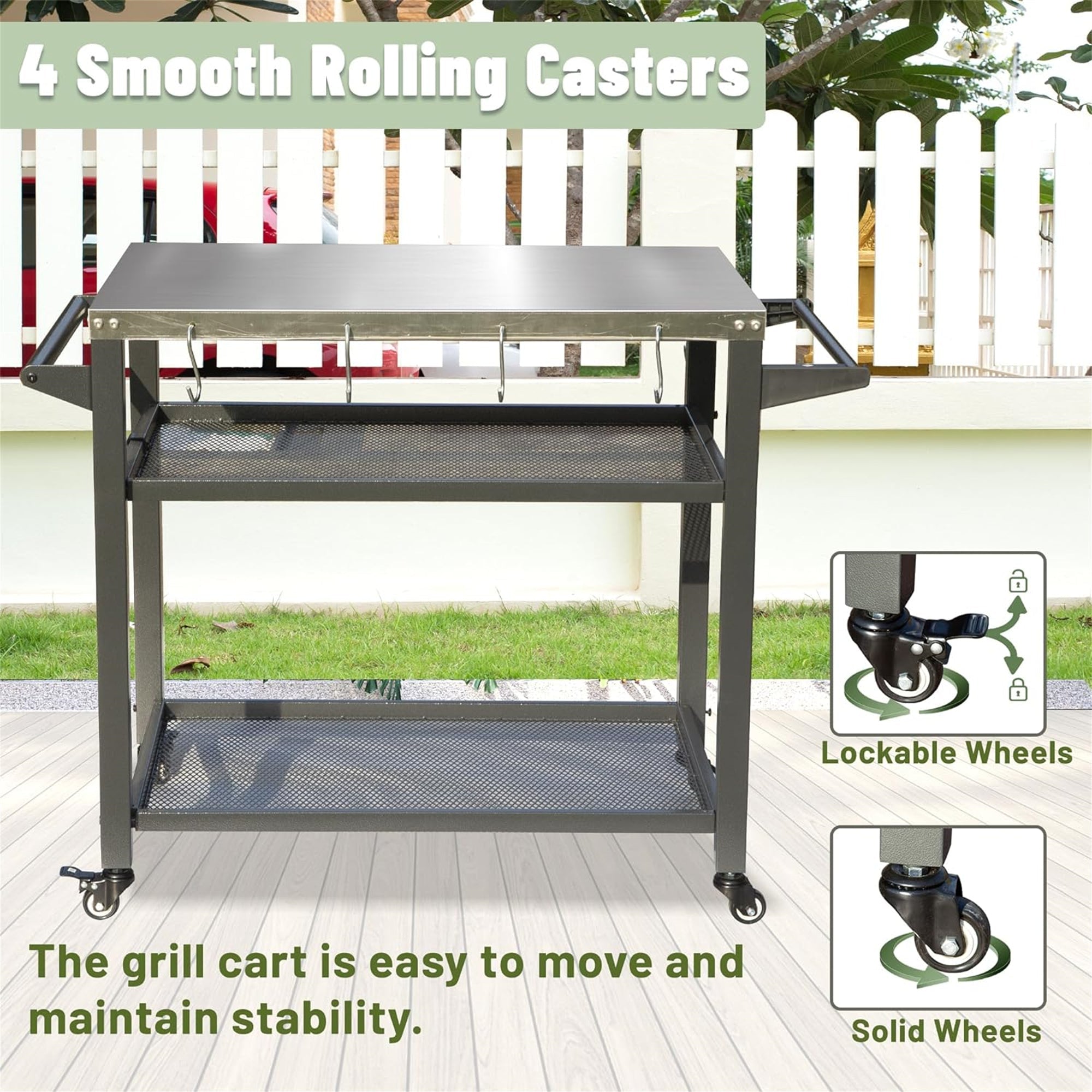 3-Shelf Outdoor Grill Table with Wheels