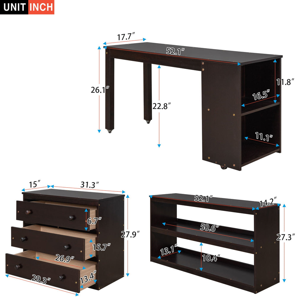 Loft Low Study Bed With Cabinet, Shelves And Rolling Portable Desk, Multiple Functions