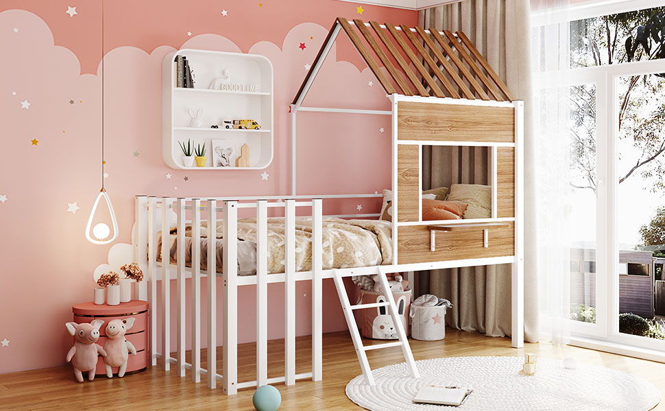 Loft Bed With Roof, Window, Guardrail, Ladder