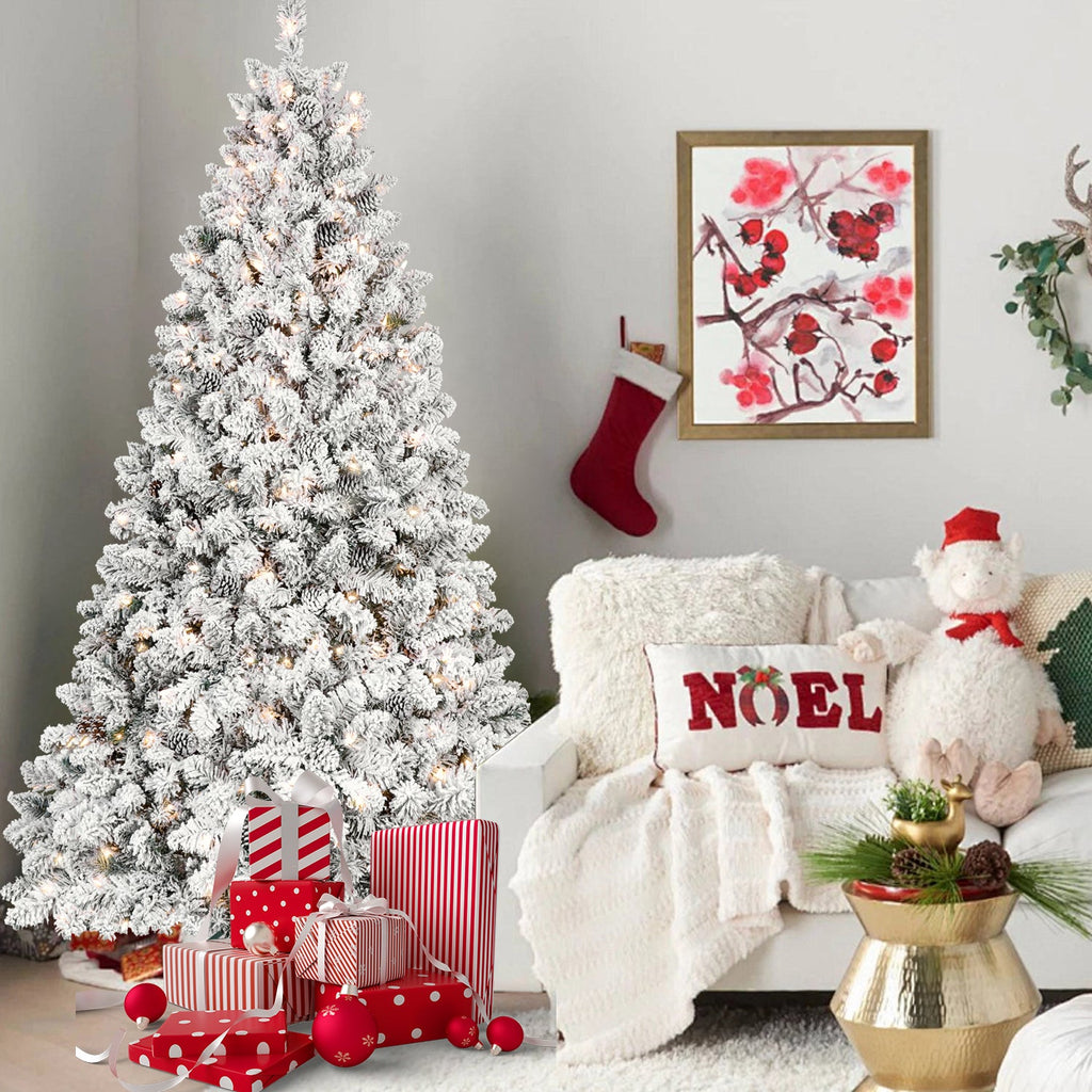 6FT Flocked Christmas Tree with 350 UL Lights and 35 Pine Cones