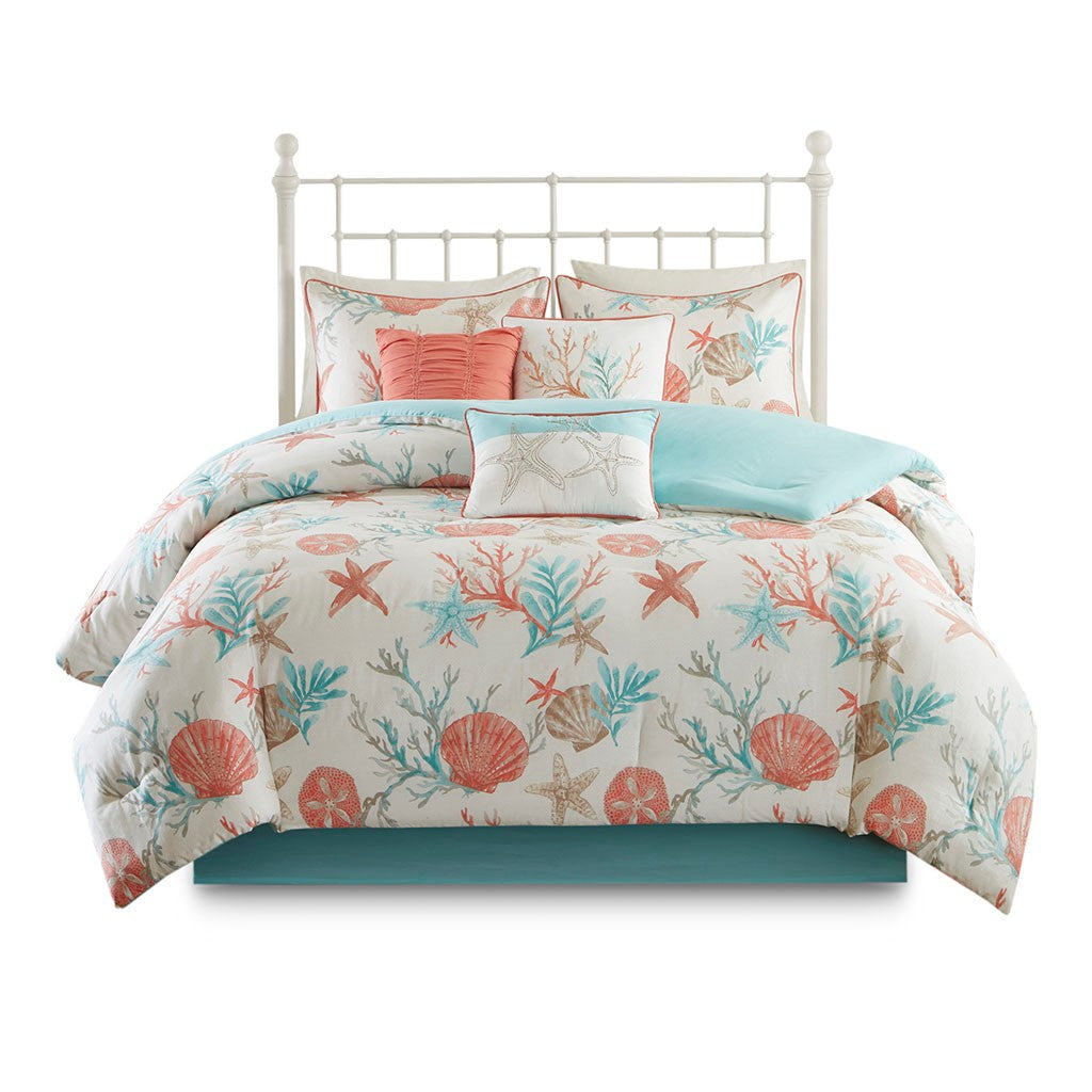 7 Piece Cotton Sateen Comforter Set Coral Queen