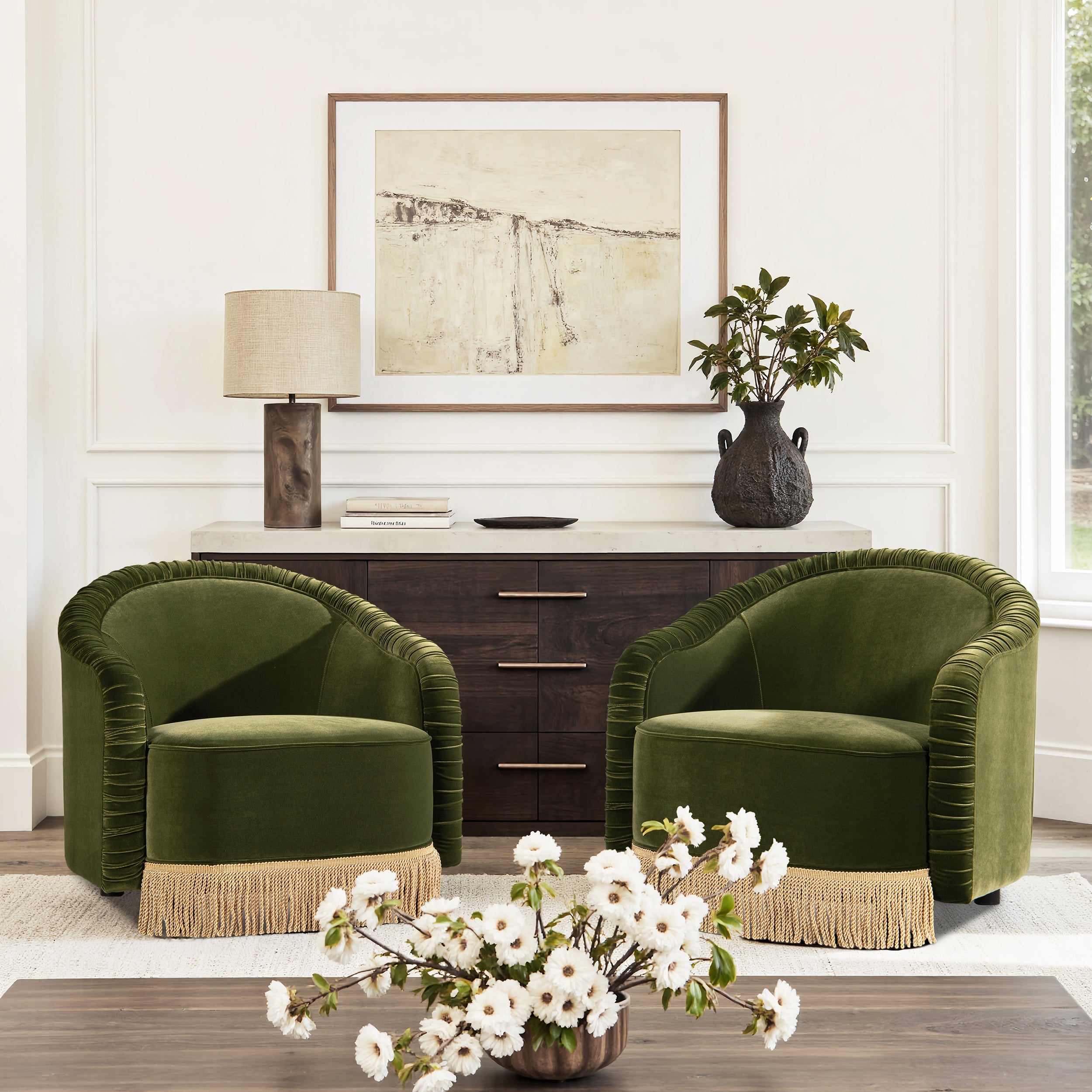 Serena 31.5" Ruched Barrel Back Accent Arm Chair with Bullion Fringe, Olive