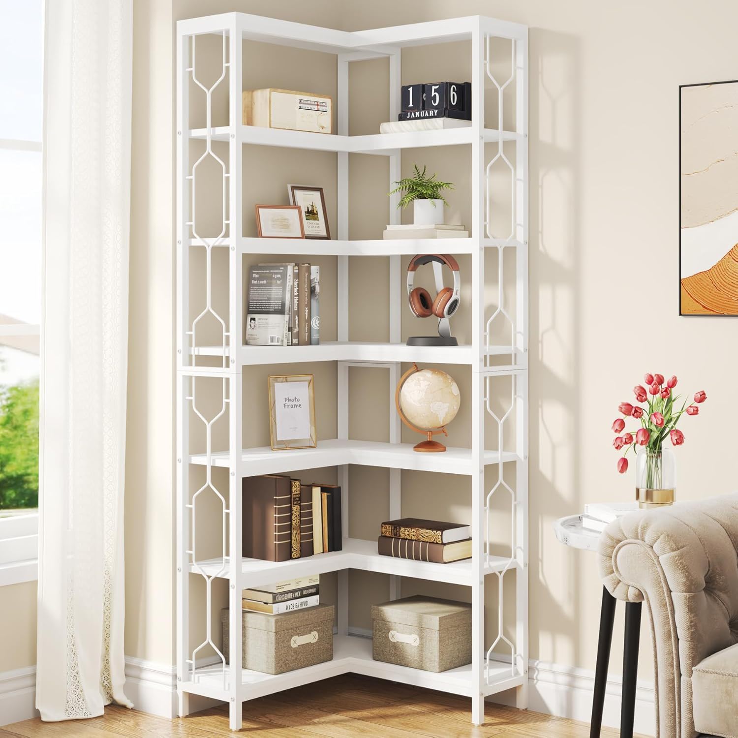 7 Tier Corner Bookshelf, Etagere Display Shelf