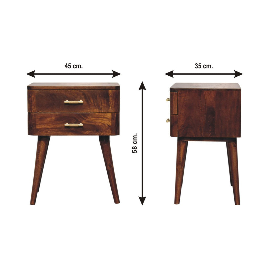 Solid Wood Chestnut T-Bar Nightstand, 2-Drawers, Nordic Legs
