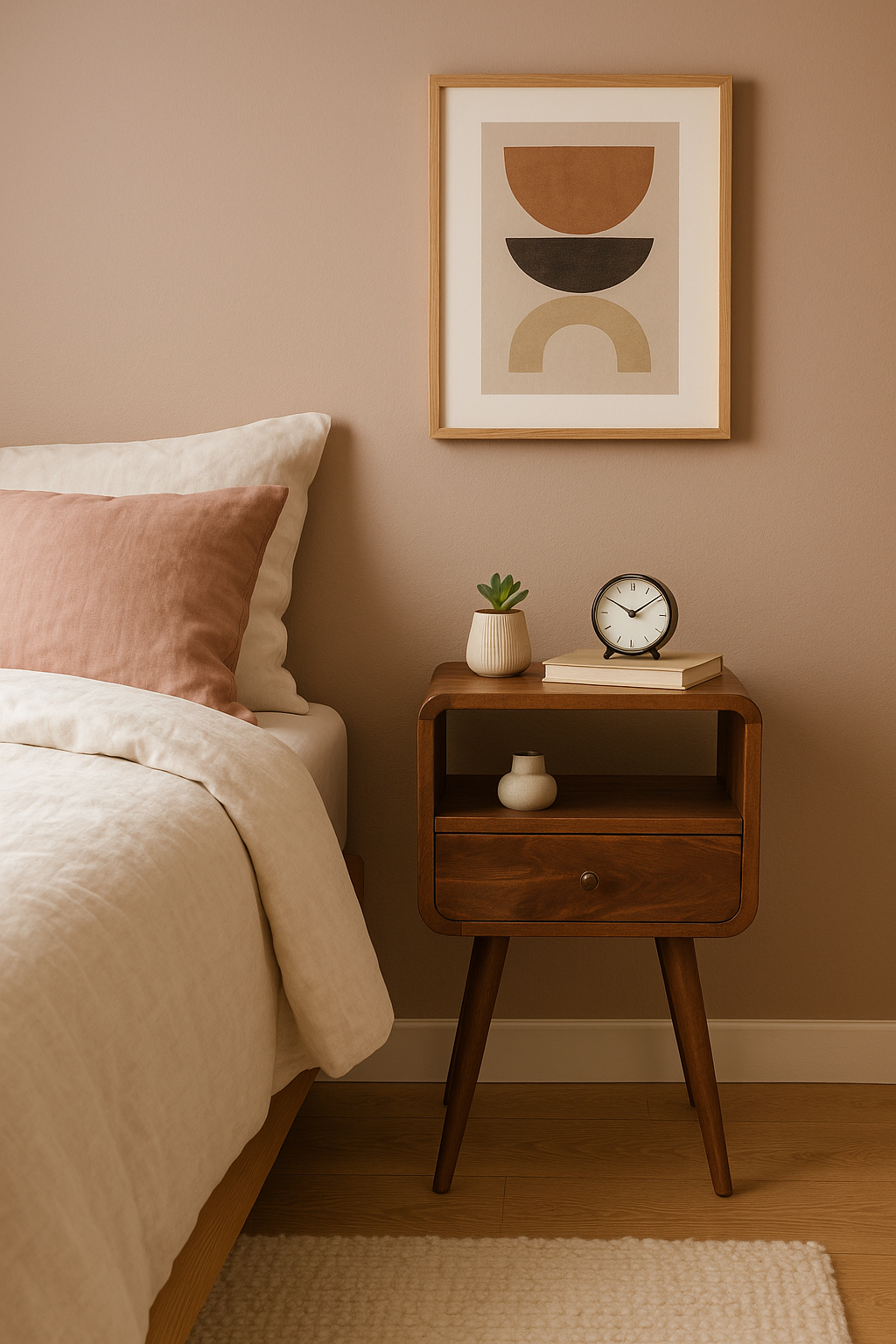 Solid Wood Mini Curve Bedside, 1-Drawer, 1 Open Slot, Chestnut