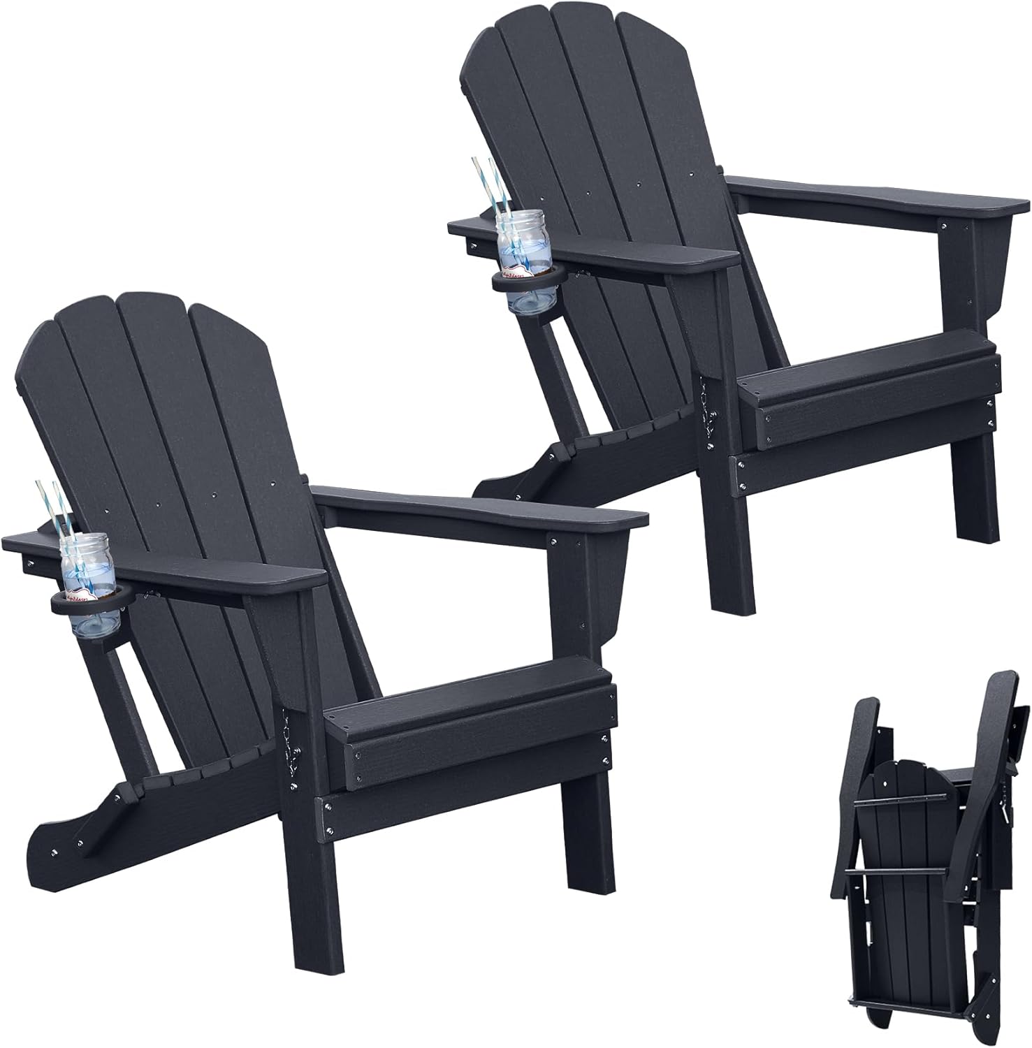 Adirondack Chairs Set of 2, Plastic HDPE Folding Outdoor Chairs with Cup Holder