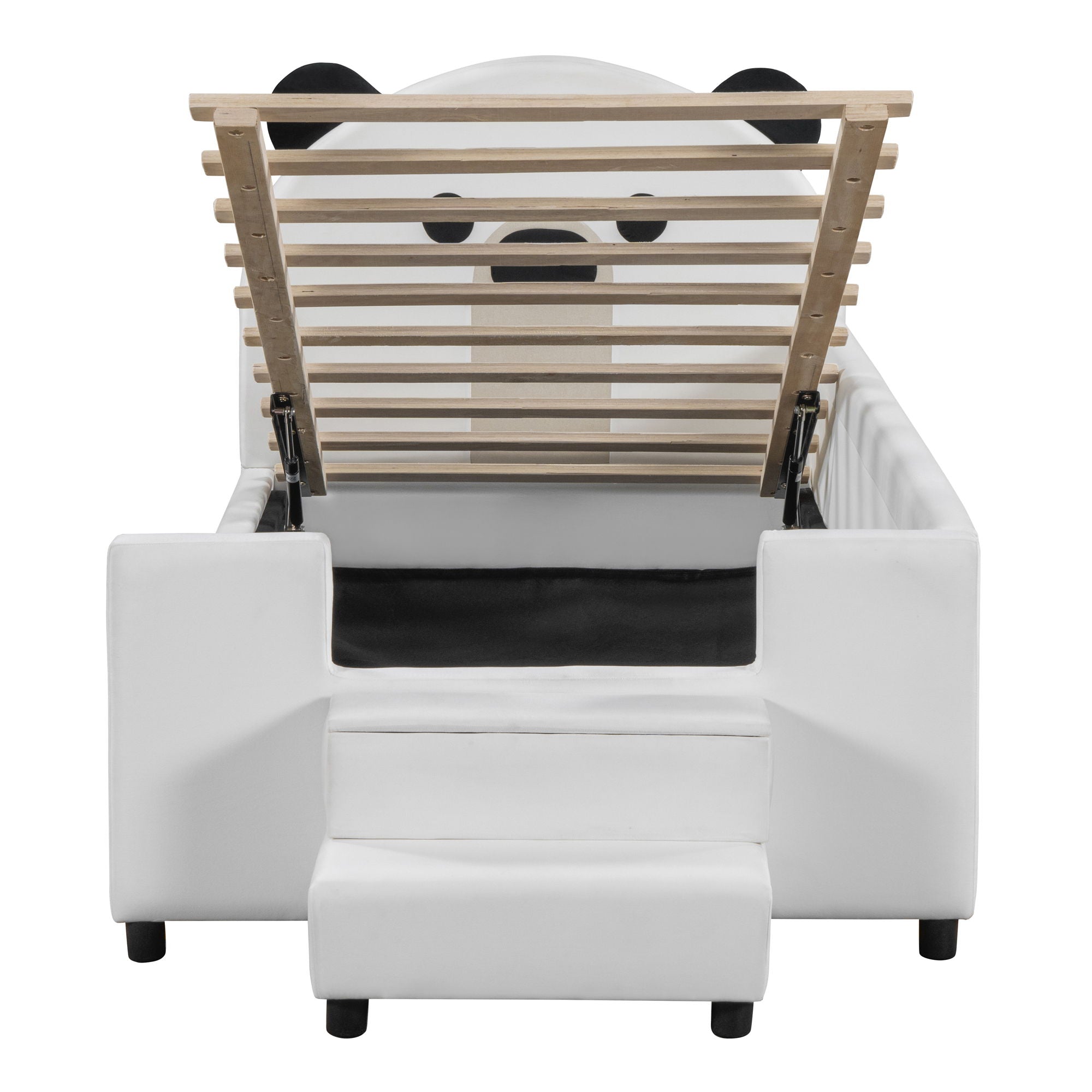 Upholstered Daybed With Bear Shaped Headboard, Hydraulic System And Breathable Fence