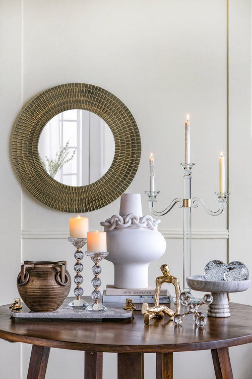 29.5" Round Gold and Black Wooden Accent Mirror with Woven Texture