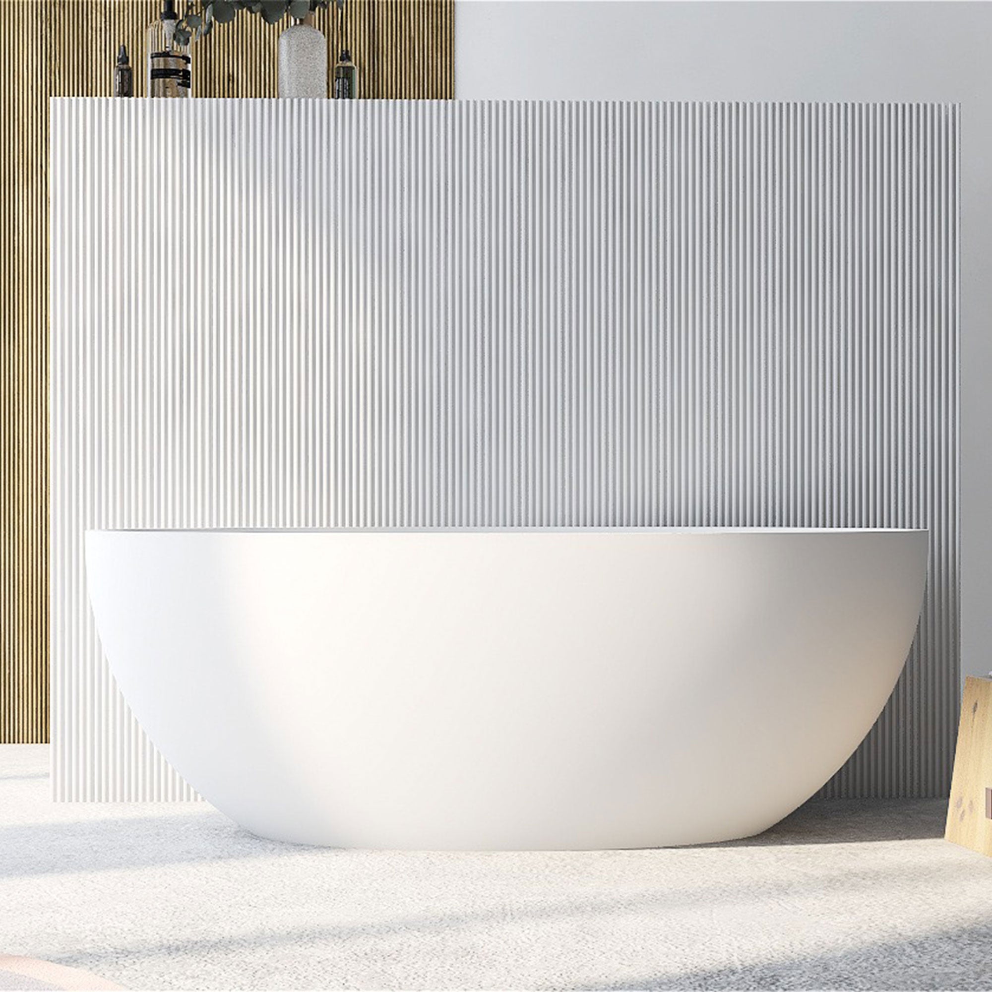 67 in. x 31 in. Oval Freestanding Solid Surface Soaking Bathtub with Center Drain in Matte