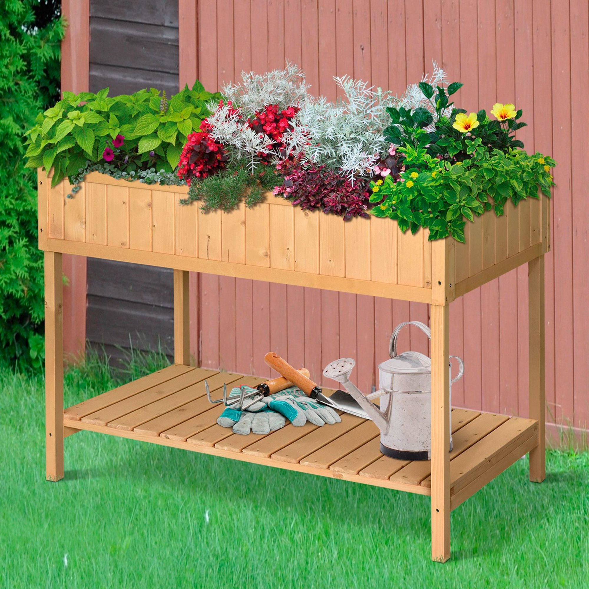 Outsunny 43" Wooden Raised Garden Bed with 8 Pockets and Shelf