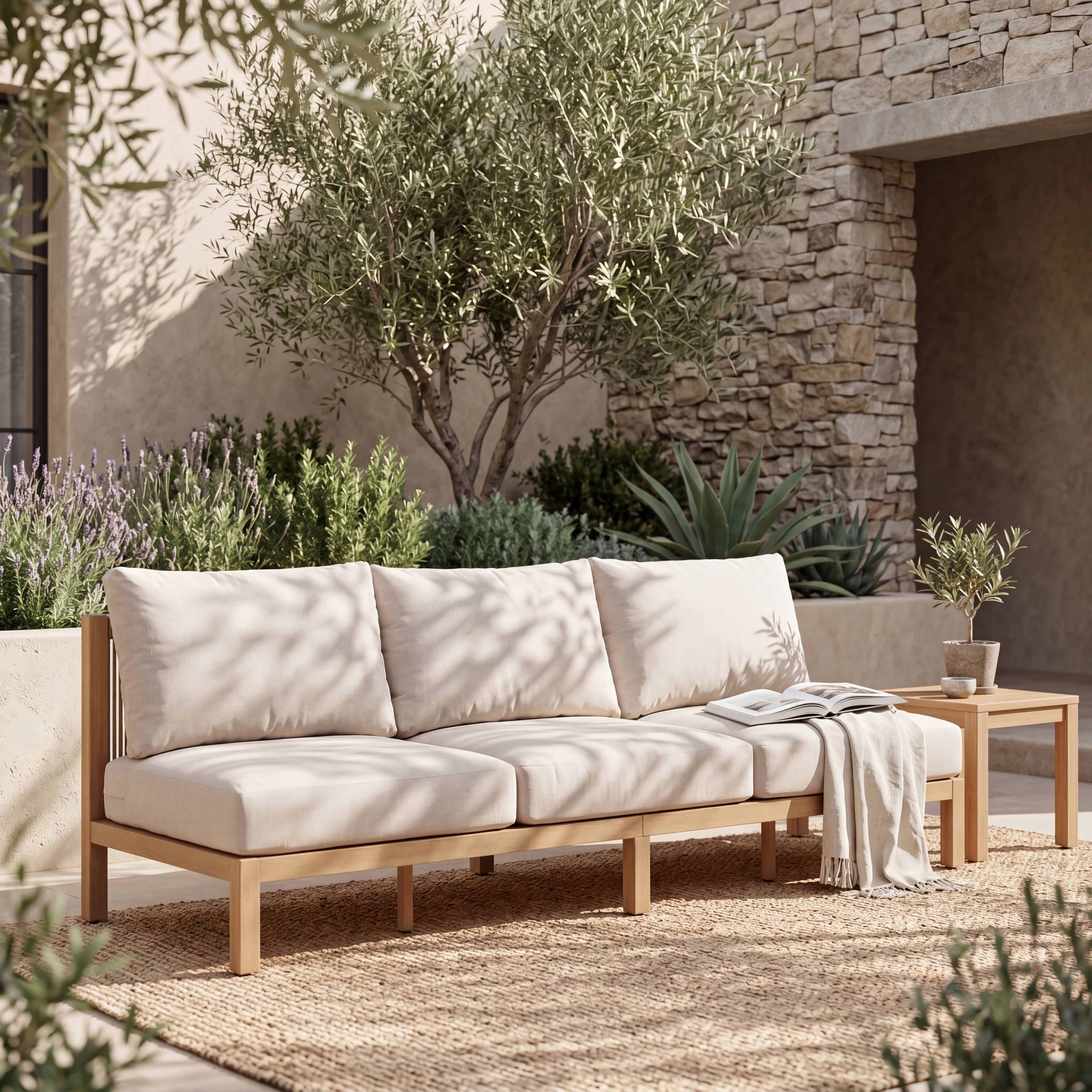 73.23" Outdoor Acacia Wood Frame Rope-Braided Backrest Three-Seater Sofa