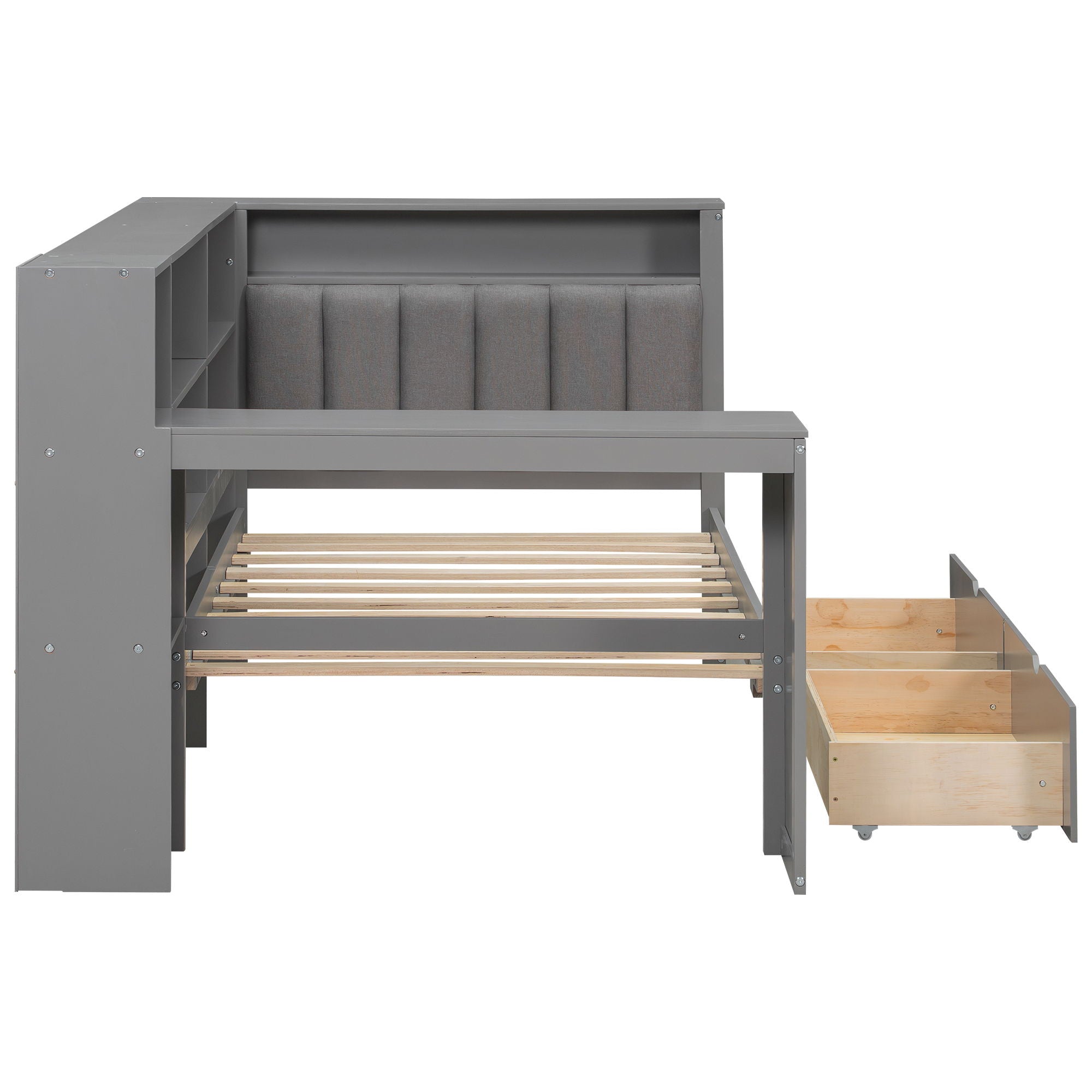 Platform Bed With Upholstered Headboard, Storage Shelves, Drawers, Charging Station, LED Lighting, Built In Desk