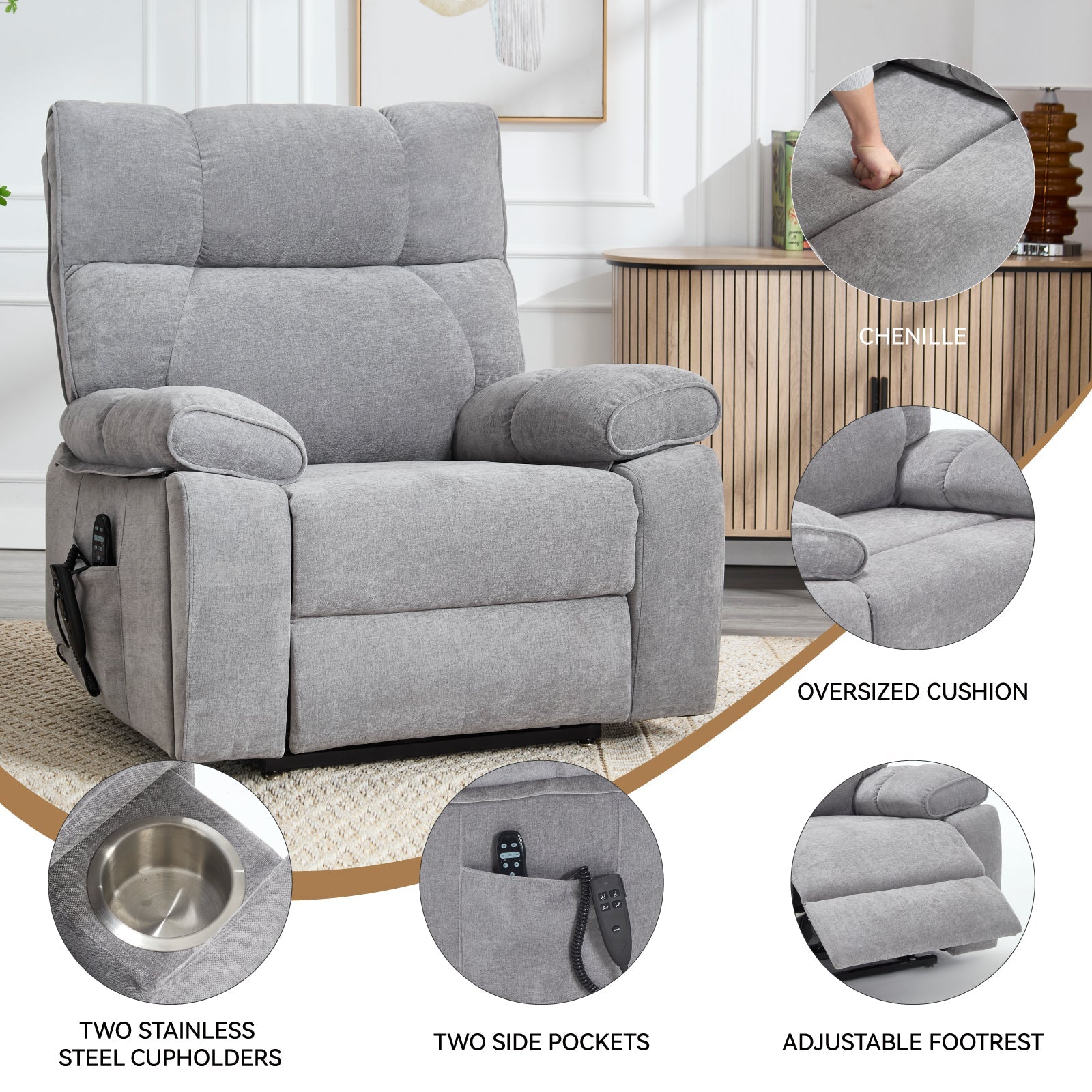 Grey Heat Massage Dual Motor Electric Power Lift Recliner