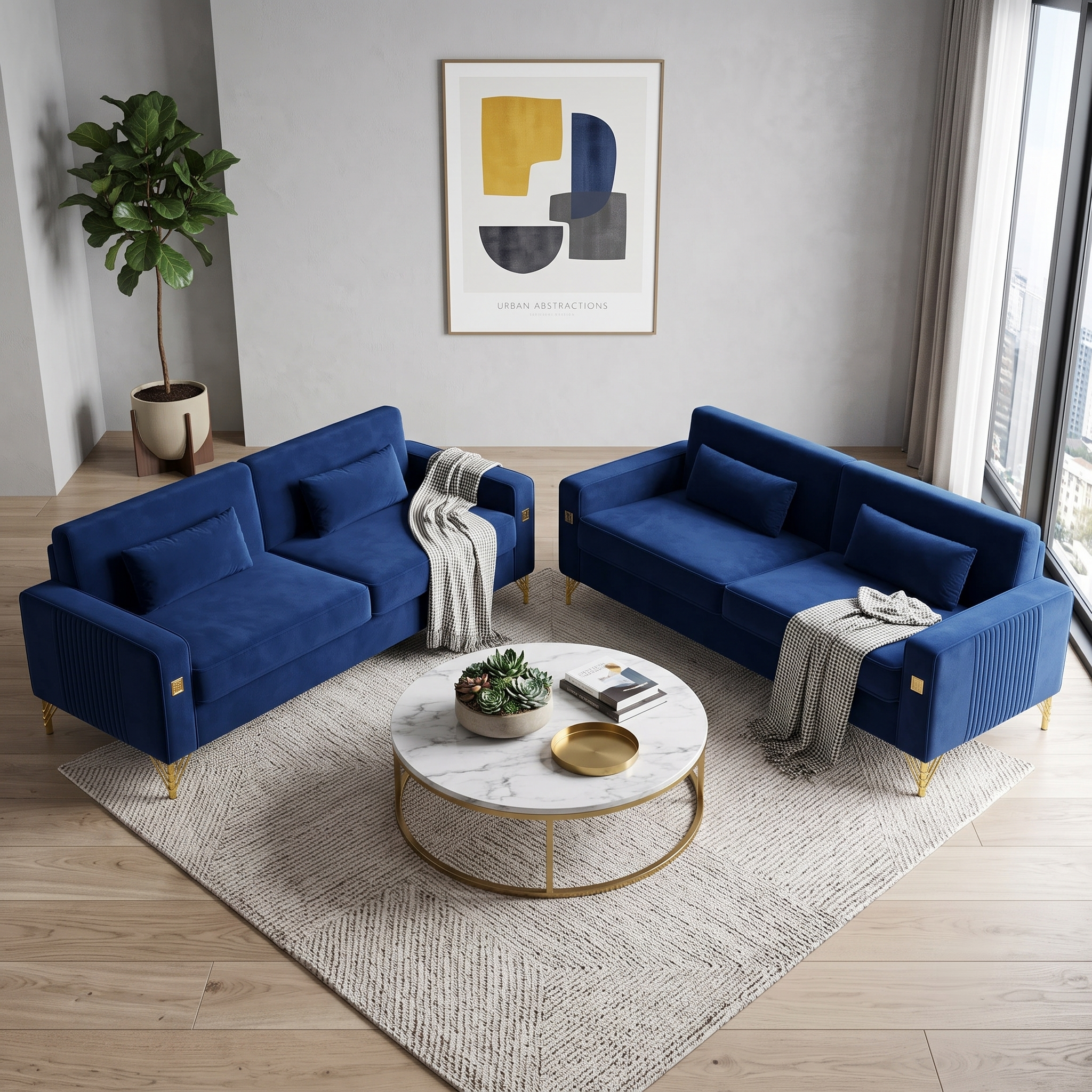 Royal Blue Velvet 2-Piece Sofa Set