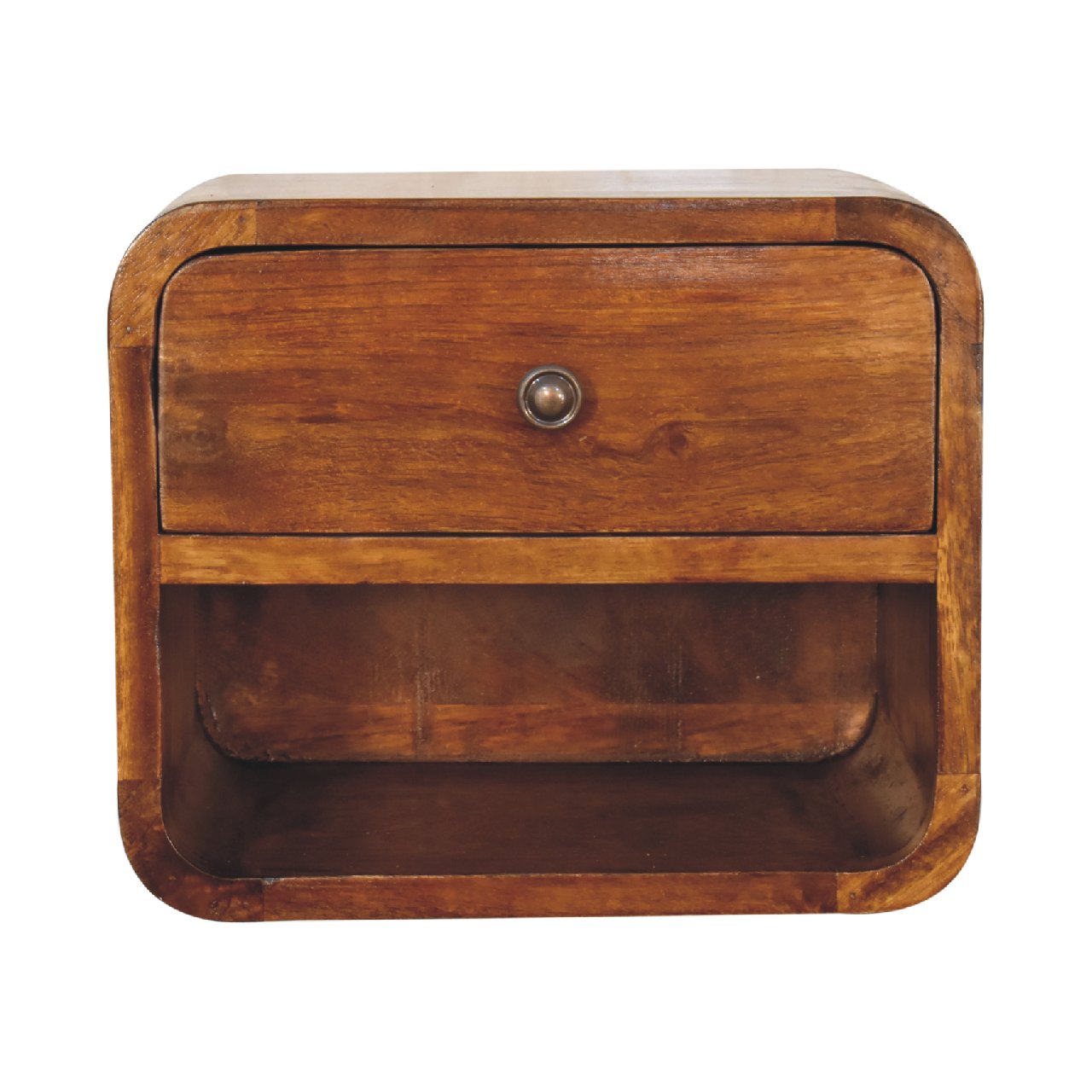 Solid Wood Mini Curve Floating Nightstand, 1-Drawer, 1 Open Slot, Chestnut