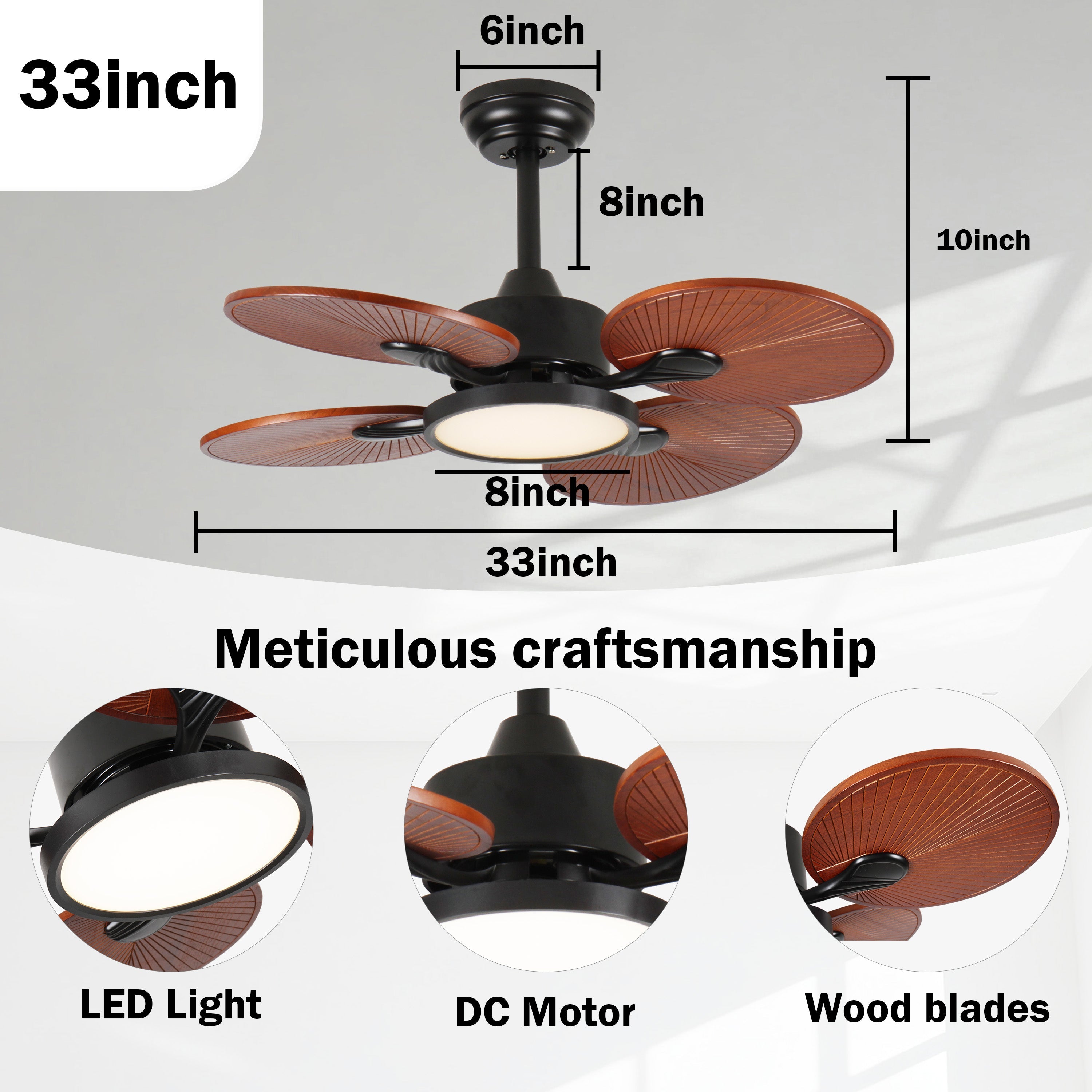 33-Inch Ceiling Fan with Light and 5 Solid Wood Blades