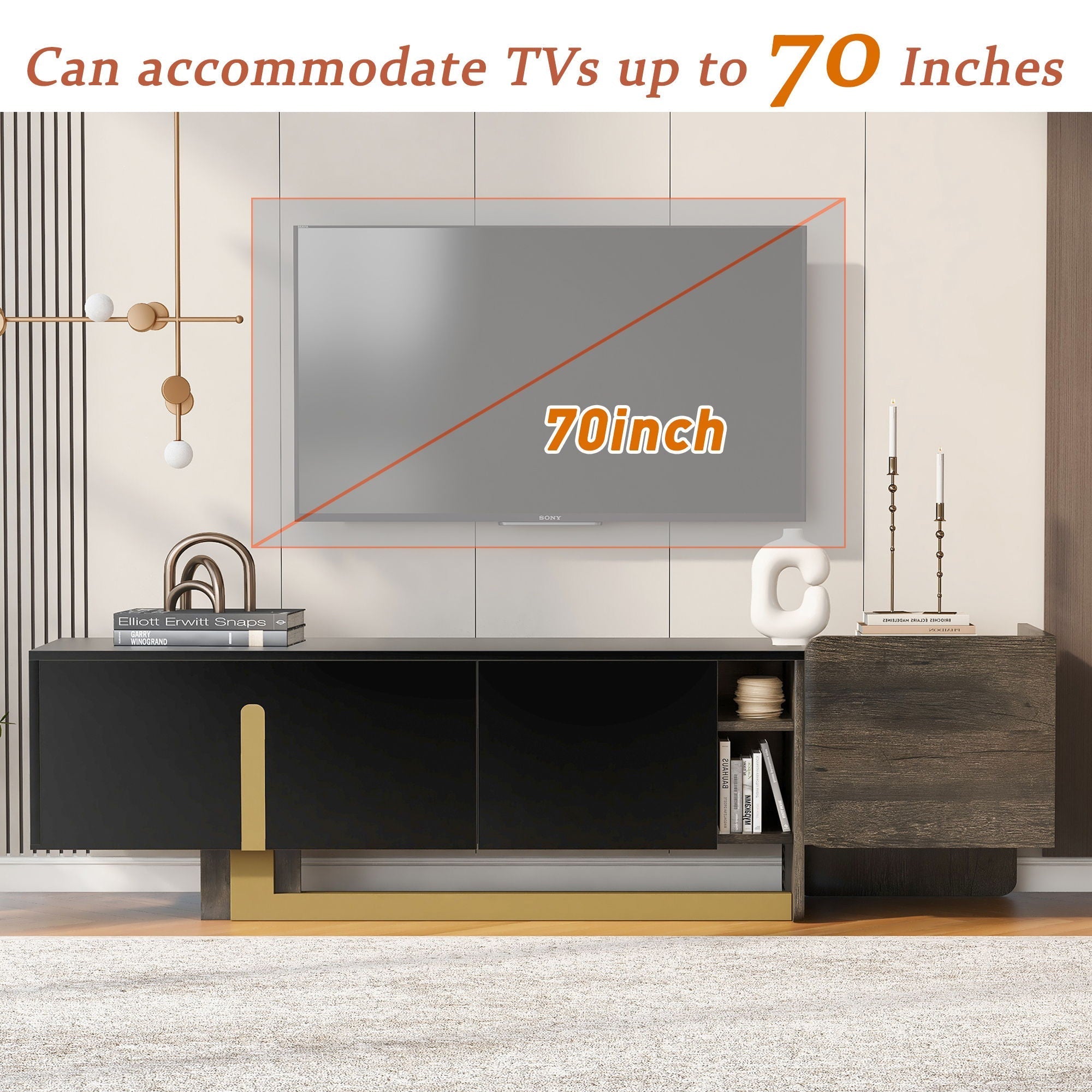 TV Stand With 1 Drawer, 2 Cabinets And Adjustable Shelves