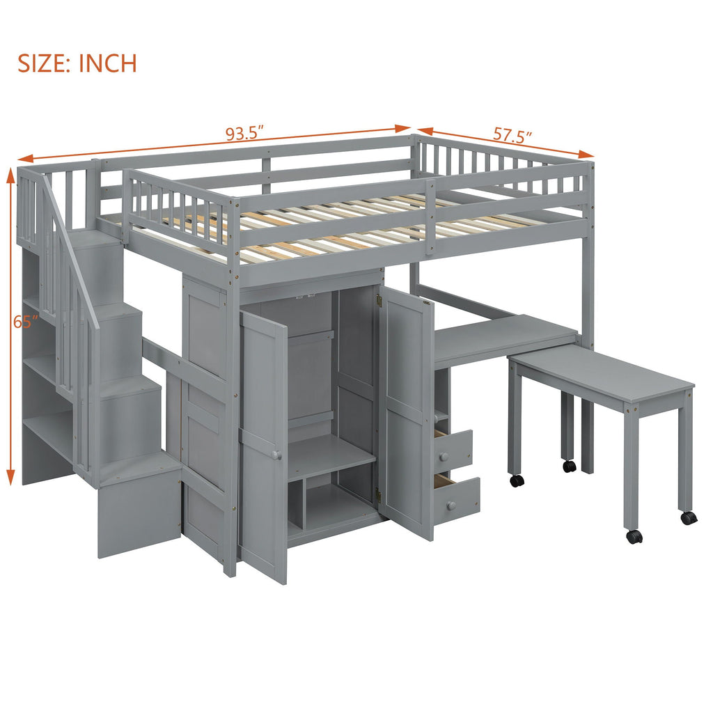 Loft Bed With Stairs, Bookshelf, Drawers, Desk & Wardrobe, Space Saving Multifunctional Furniture