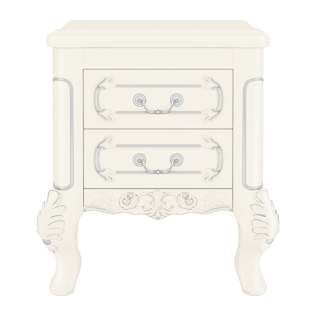 Carved Nightstand With 2 Drawers, Bedside Table - White