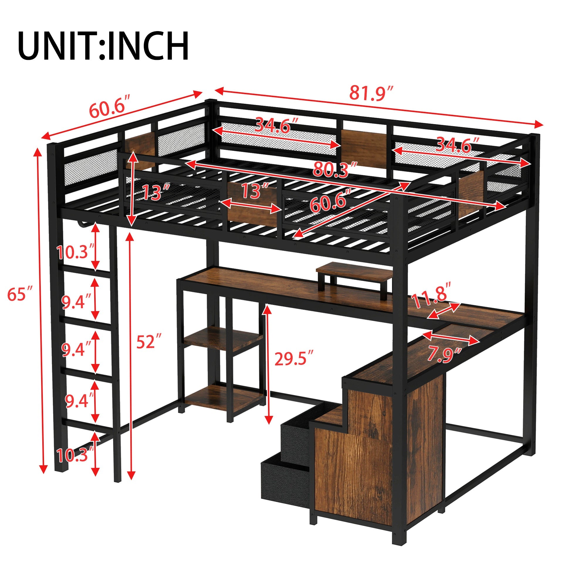 Queen Loft Bed with Desk and Storage