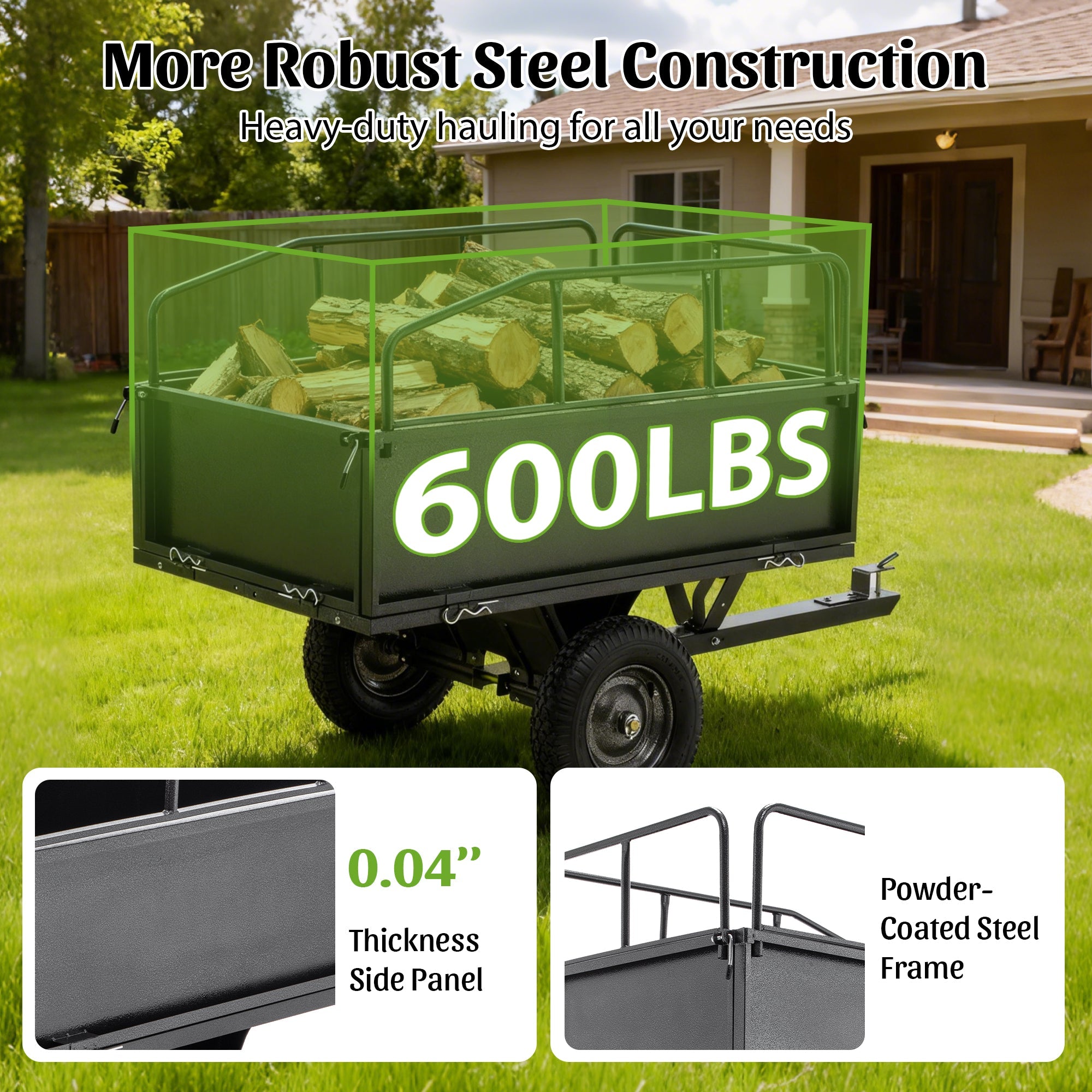 600LBS Heavy Duty Steel Dump Cart Trailer, 17 Cu.Ft.