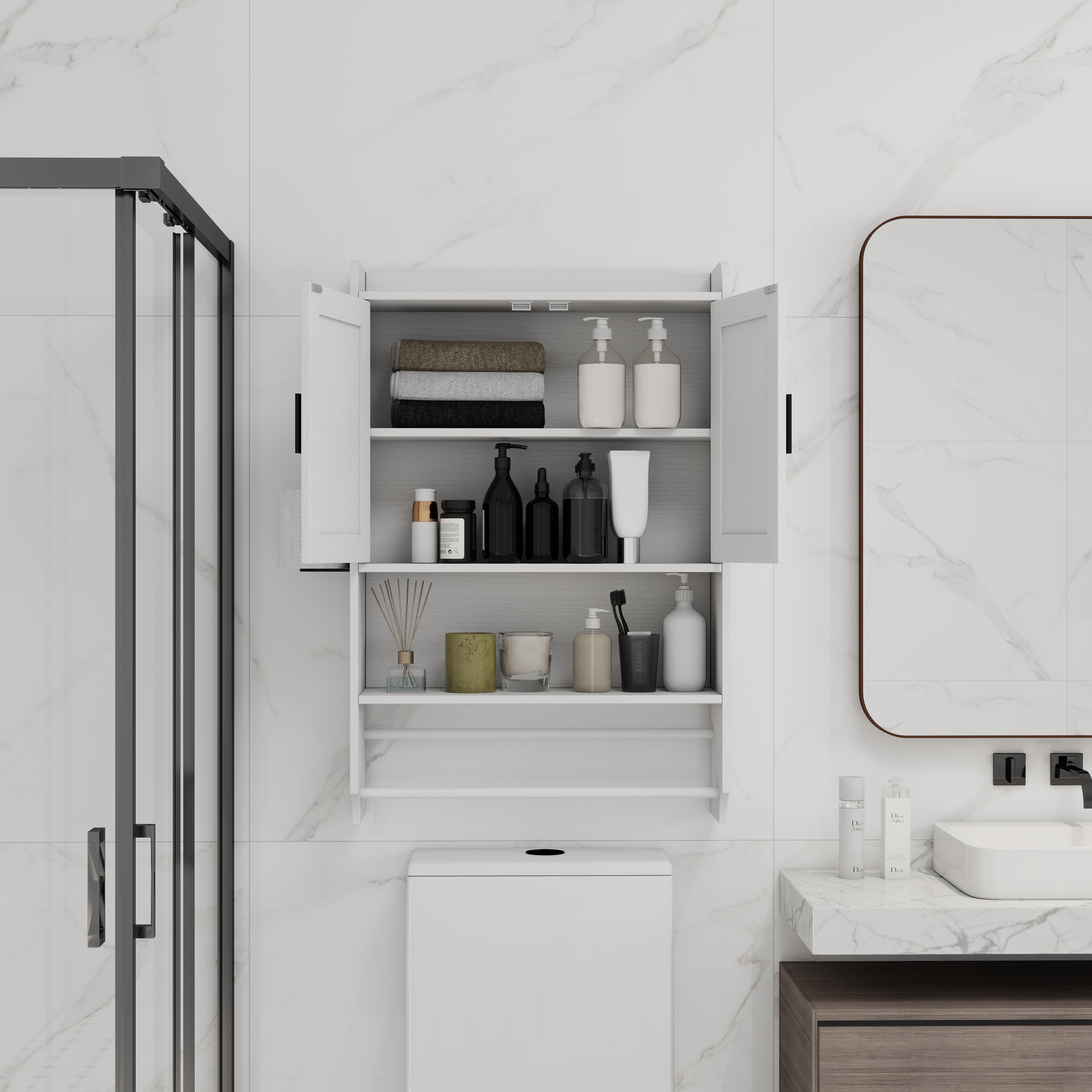 Bathroom Wall Cabinet with Doors, Adjustable Shelf, Towel Bar, and Paper Holder