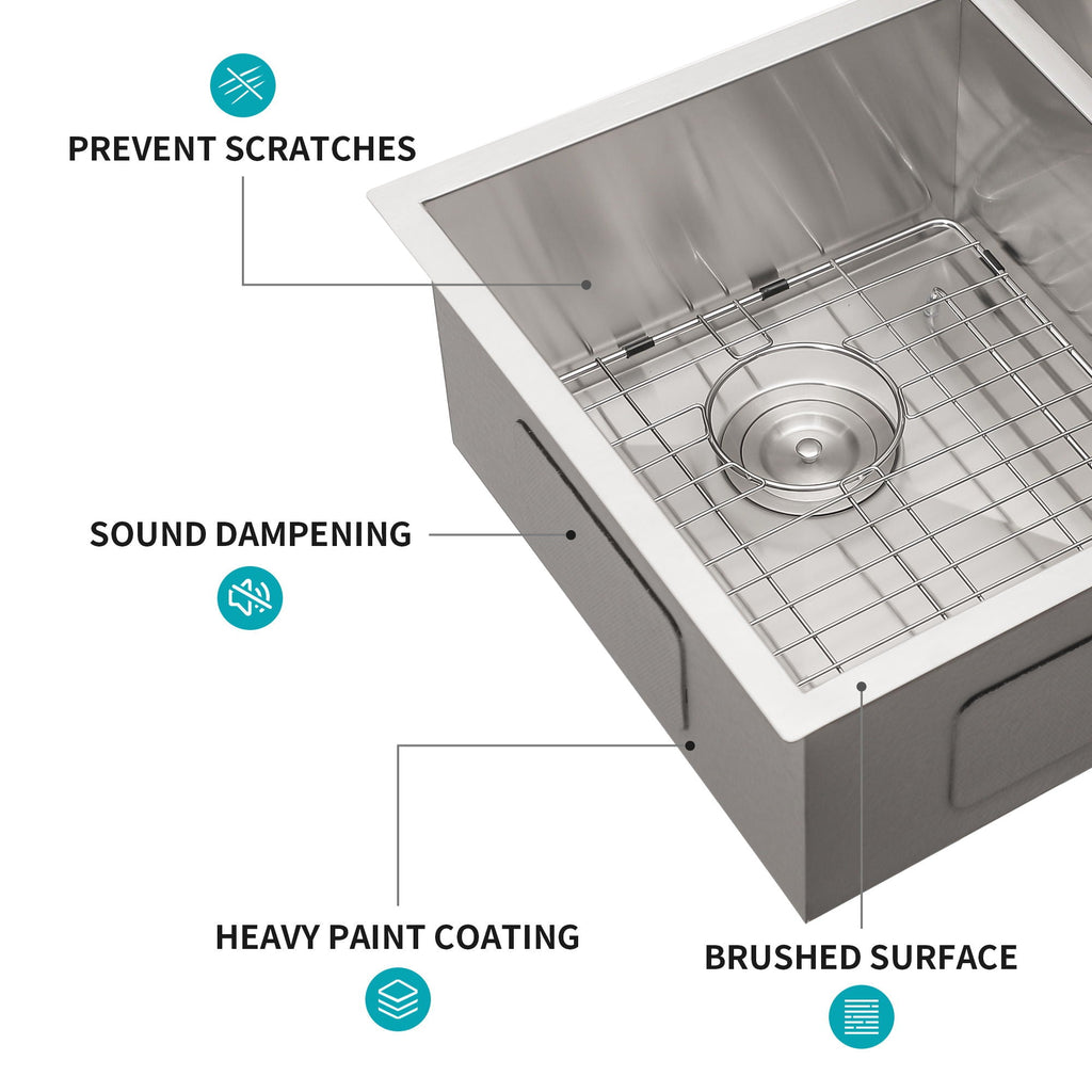16 Gauge Undermount Double Bowl Kitchen Sink With 9" Deep Bowls - Brushed Nickel