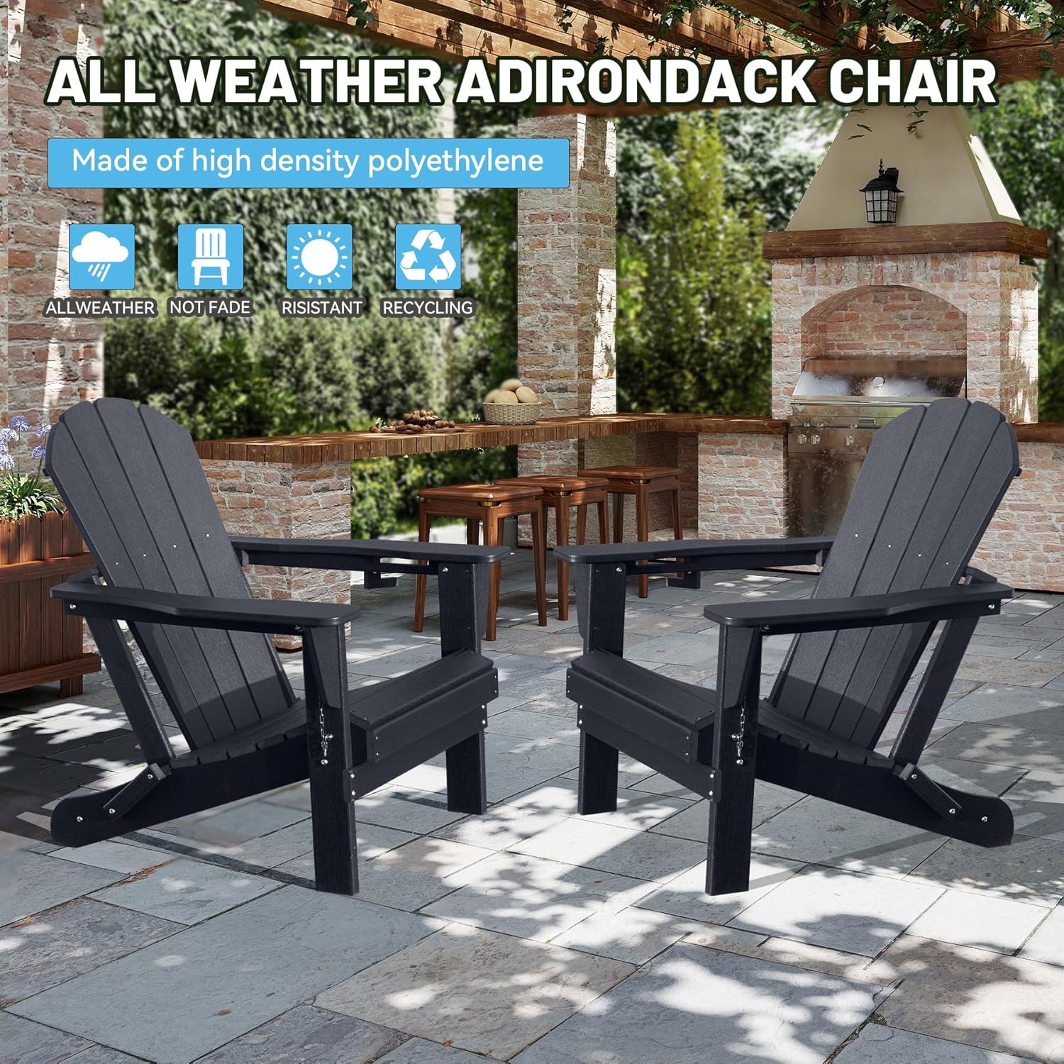 Adirondack Chairs Set of 2, Plastic HDPE Folding Outdoor Chairs with Cup Holder