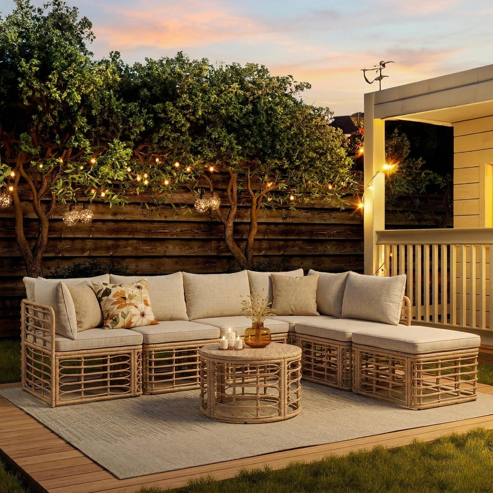 7 Pieces Outdoor Patio Furniture, All-Weather Rattan Sectional Sofa Set with Thick Cushions and Pillows, Freely Combined Conversation Sets for Garden, Backyard, Balcony, Brown