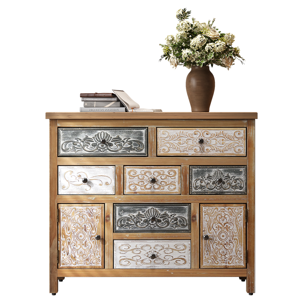 Vintage Wooden Accent Chest with 7 Drawers & 2 Cabinets