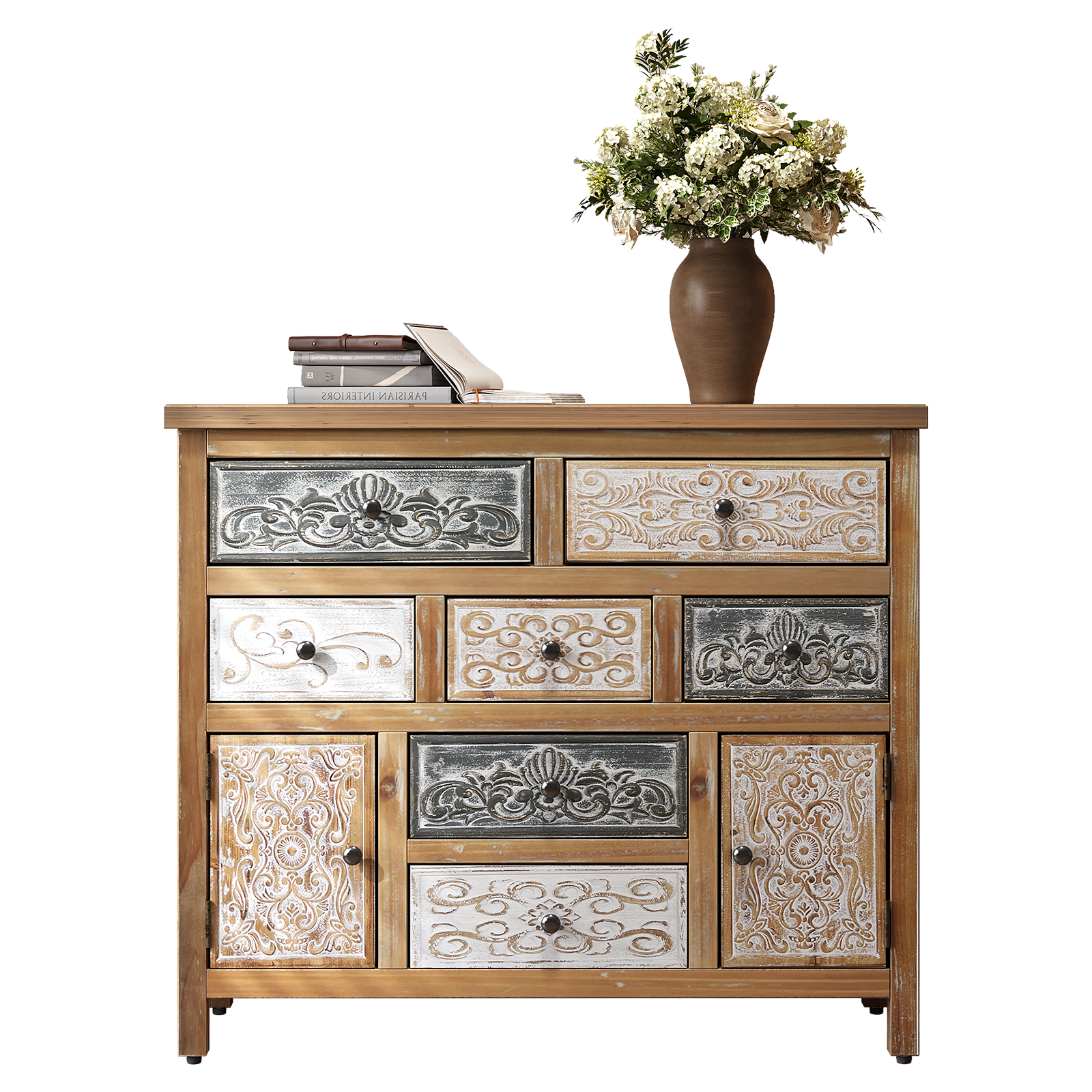 Vintage Wooden Accent Chest with 7 Drawers & 2 Cabinets