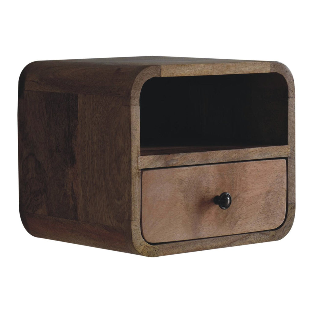 Extra Mini Wall-Mounted Curved Oak-ish Nightstand with Open Slot, 1-Drawer
