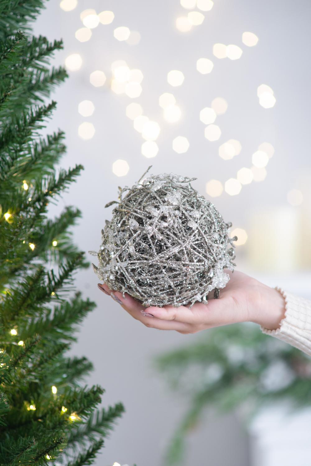 Iced Leaf/Twig Ball Christmas Tree Ornaments - Set of 4