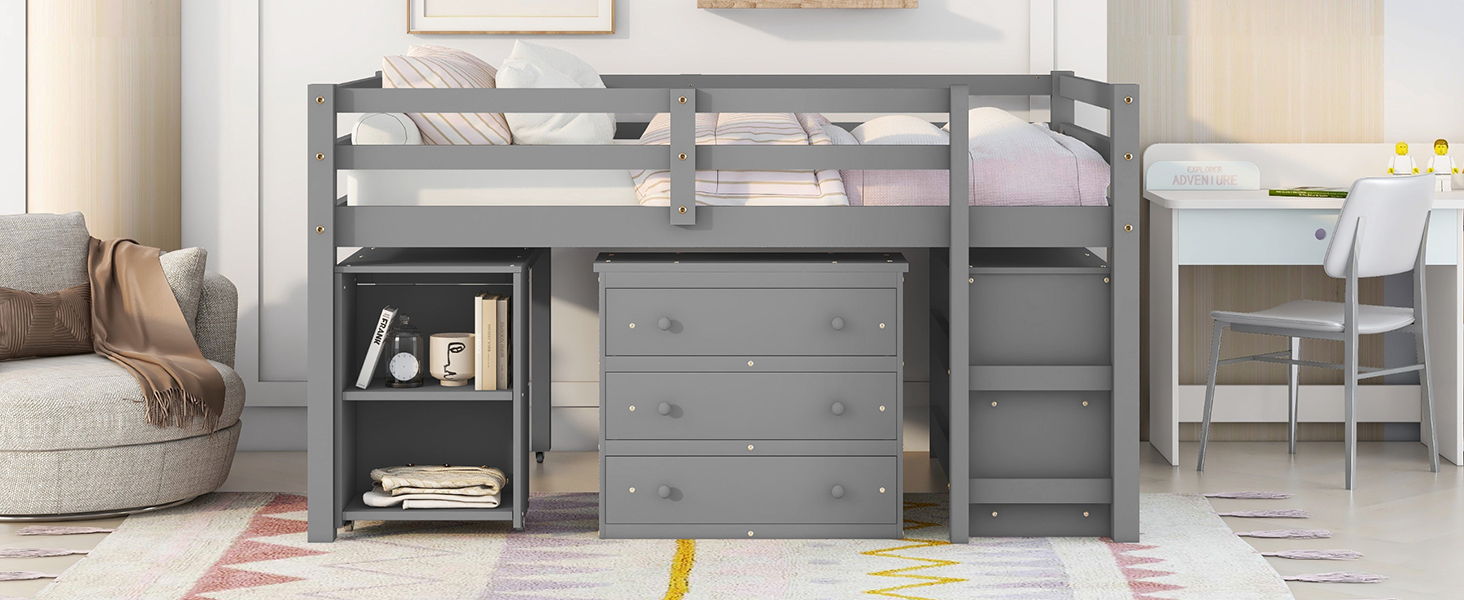 Loft Low Study Bed With Cabinet, Shelves And Rolling Portable Desk, Multiple Functions