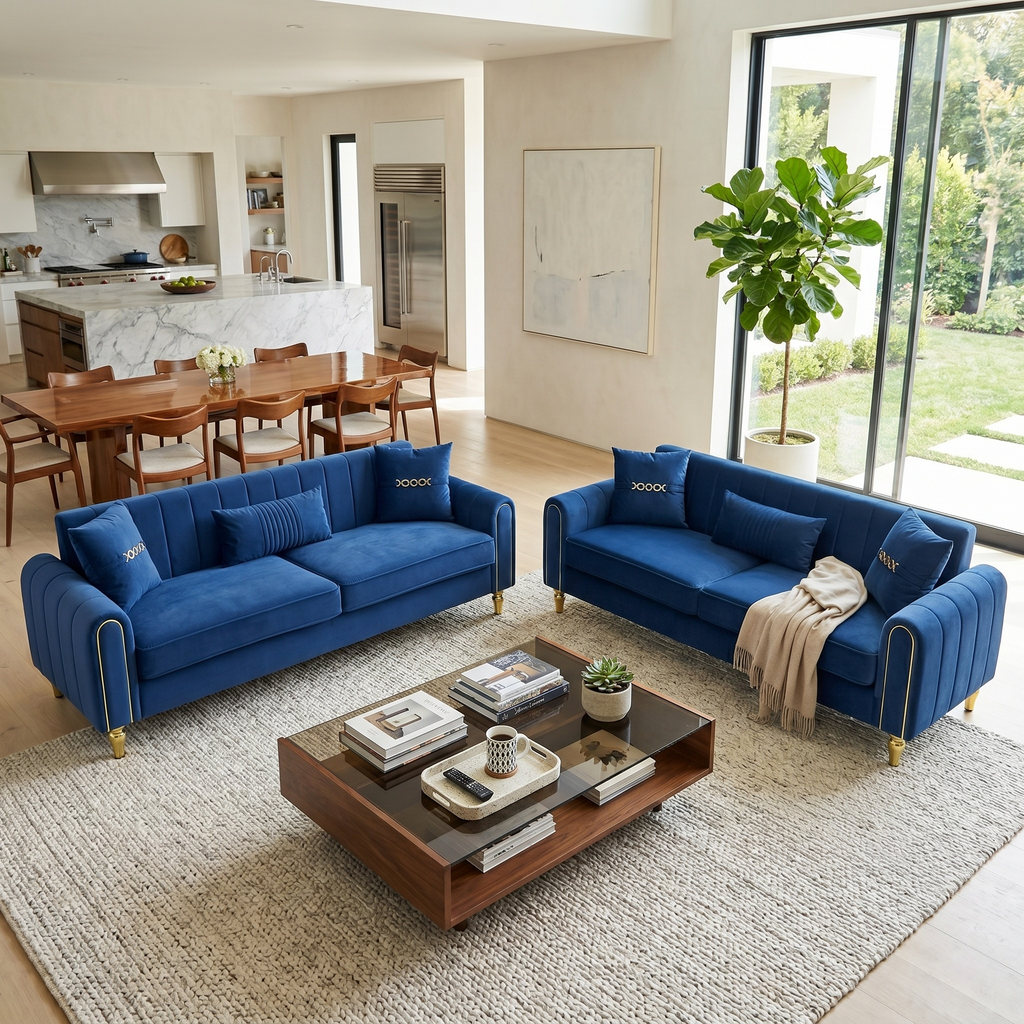 Vintage Blue Velvet 2-Piece Sofa Set
