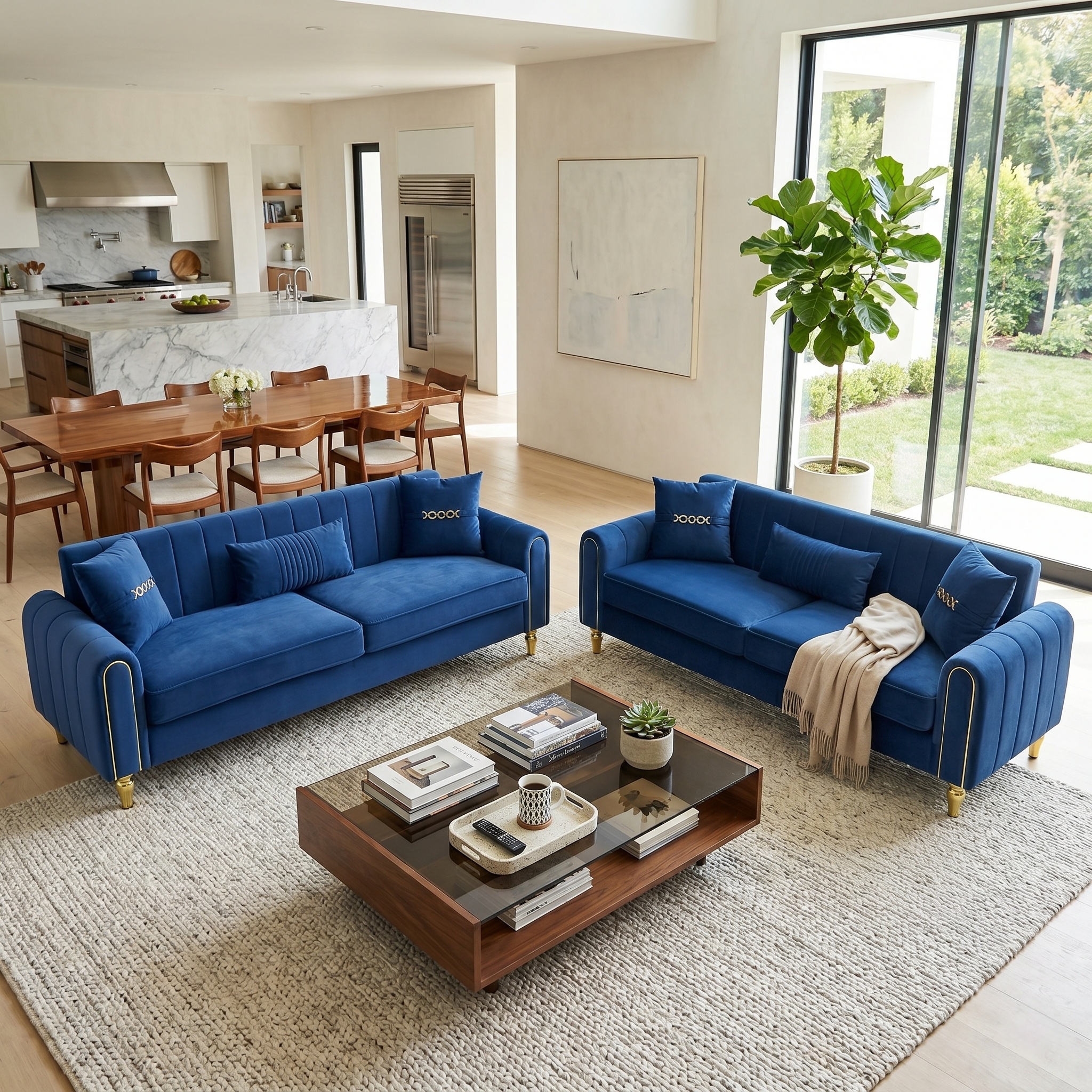 Vintage Blue Velvet 2-Piece Sofa Set