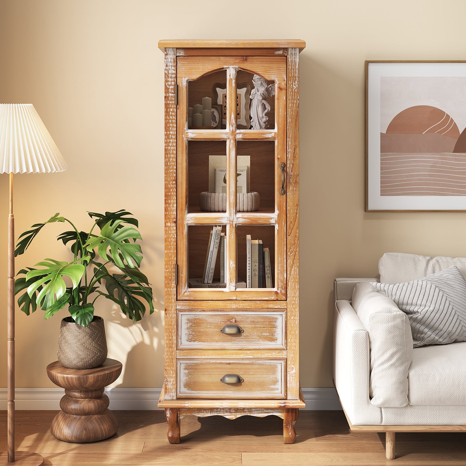 Rustic Wooden Storage Cabinet with Decorative Cutout Door & 2 Drawers