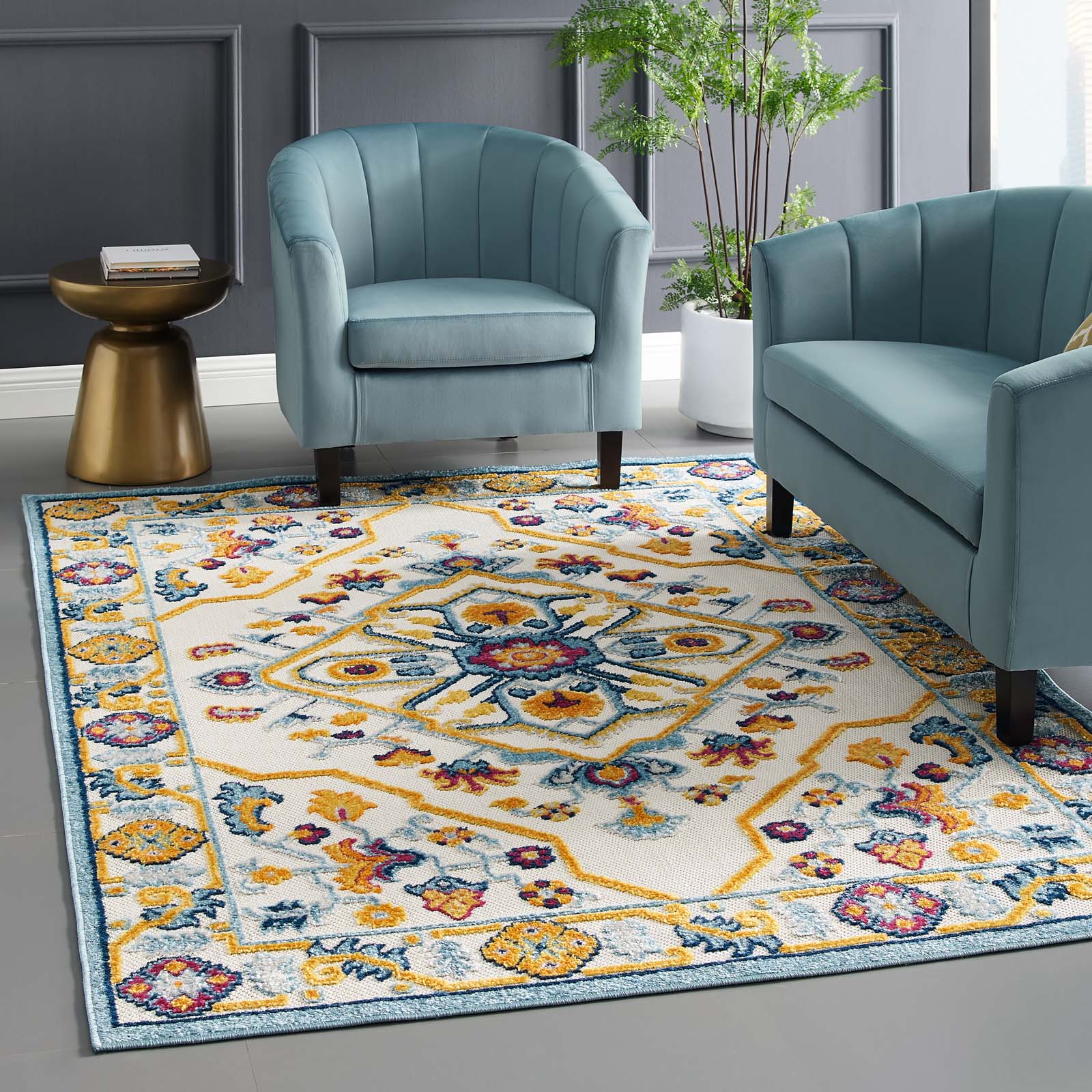 Reflect Freesia Distressed Floral Vintage Medallion 5x8 Indoor and Outdoor Area Rug by Modway