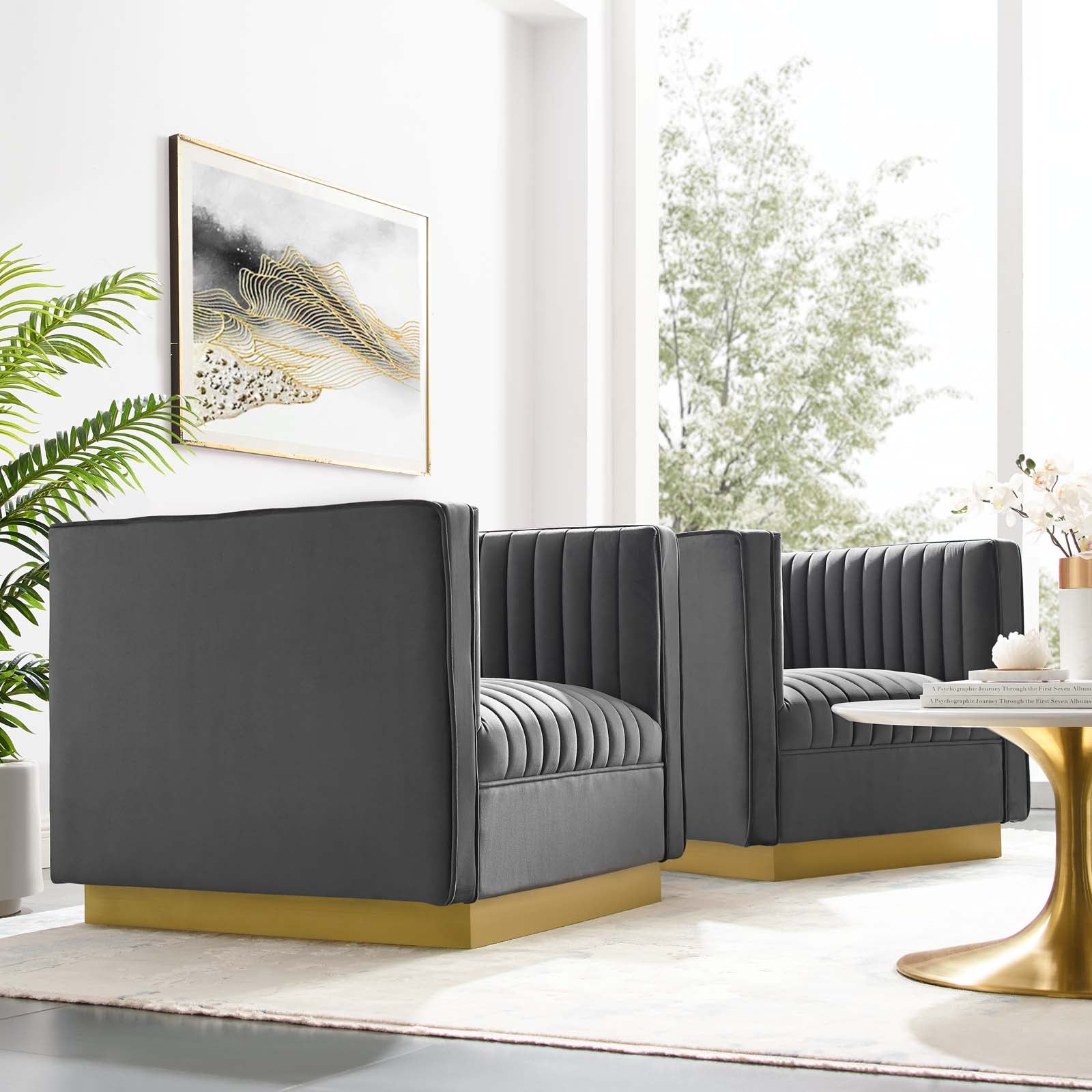 Sanguine Vertical Channel Tufted Upholstered Performance Velvet Armchair Set of 2 by Modway