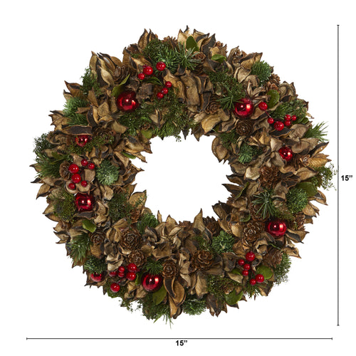 15" Holiday Artificial Wreath with Pine Cones and Ornaments