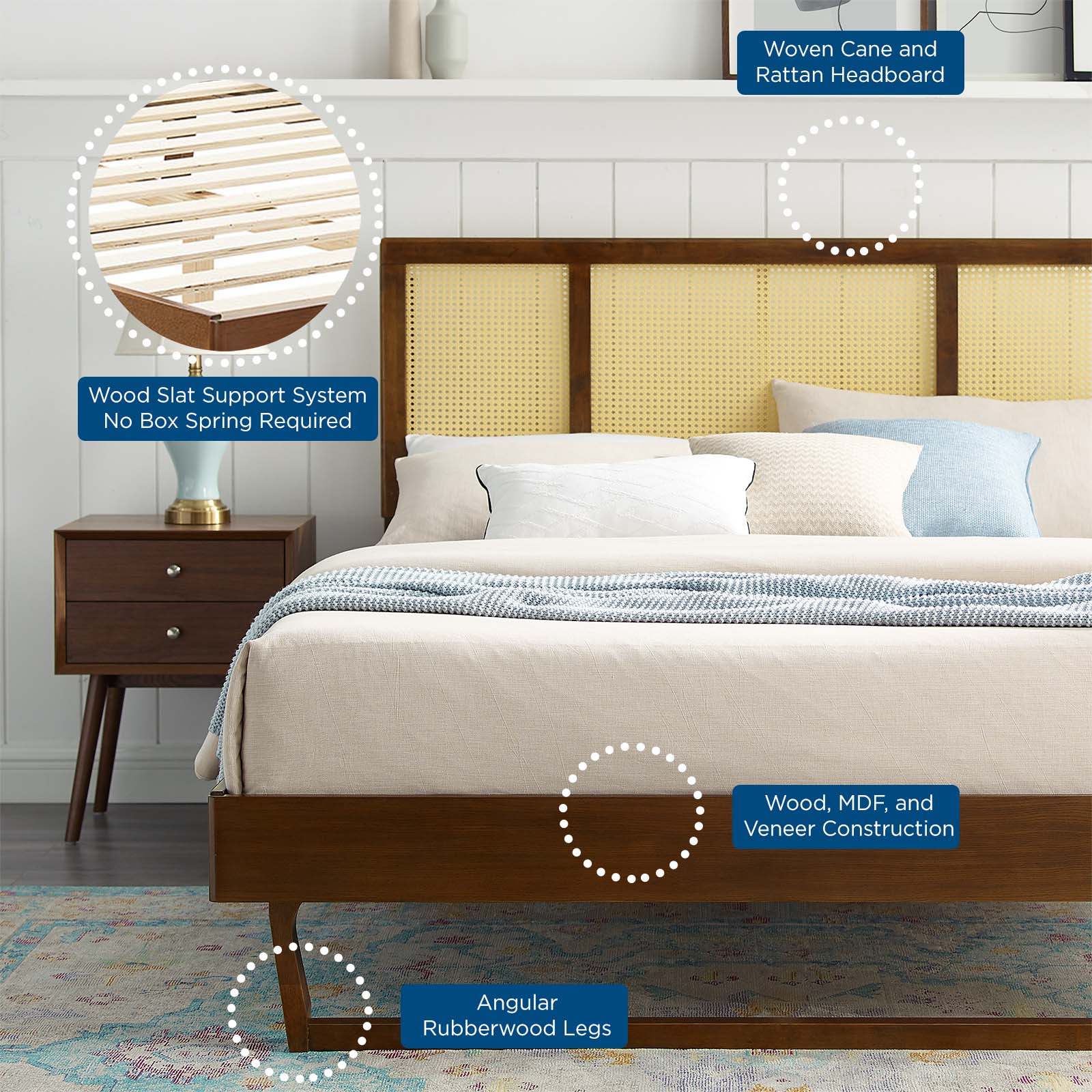Kelsea Cane and Wood King Platform Bed With Angular Legs by Modway