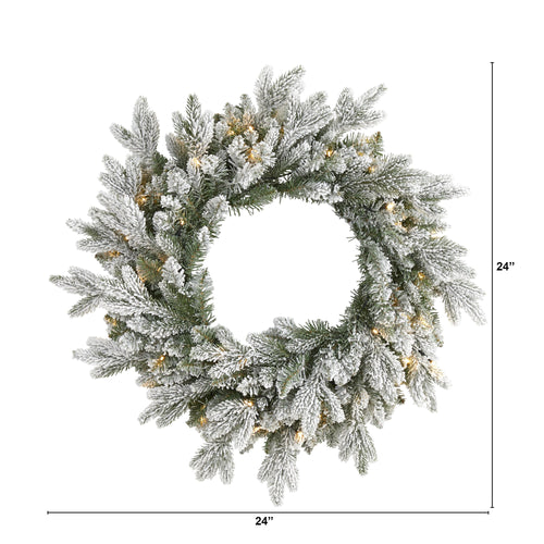 24" Flocked Artificial Christmas Wreath with 50 LED Lights