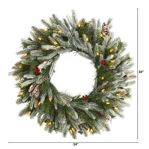 24" Snowed Artificial Christmas Wreath w/50 Warm White LED Lights and Pine Cone