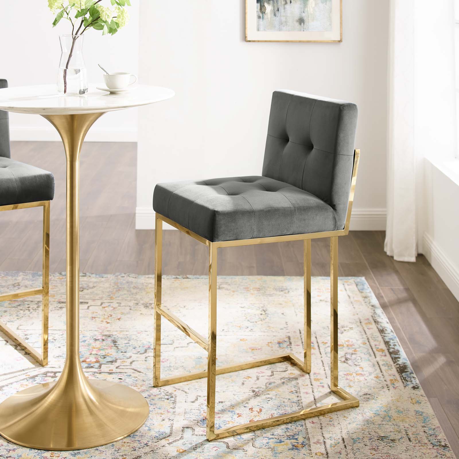 Privy Gold Stainless Steel Performance Velvet Bar Stool by Modway
