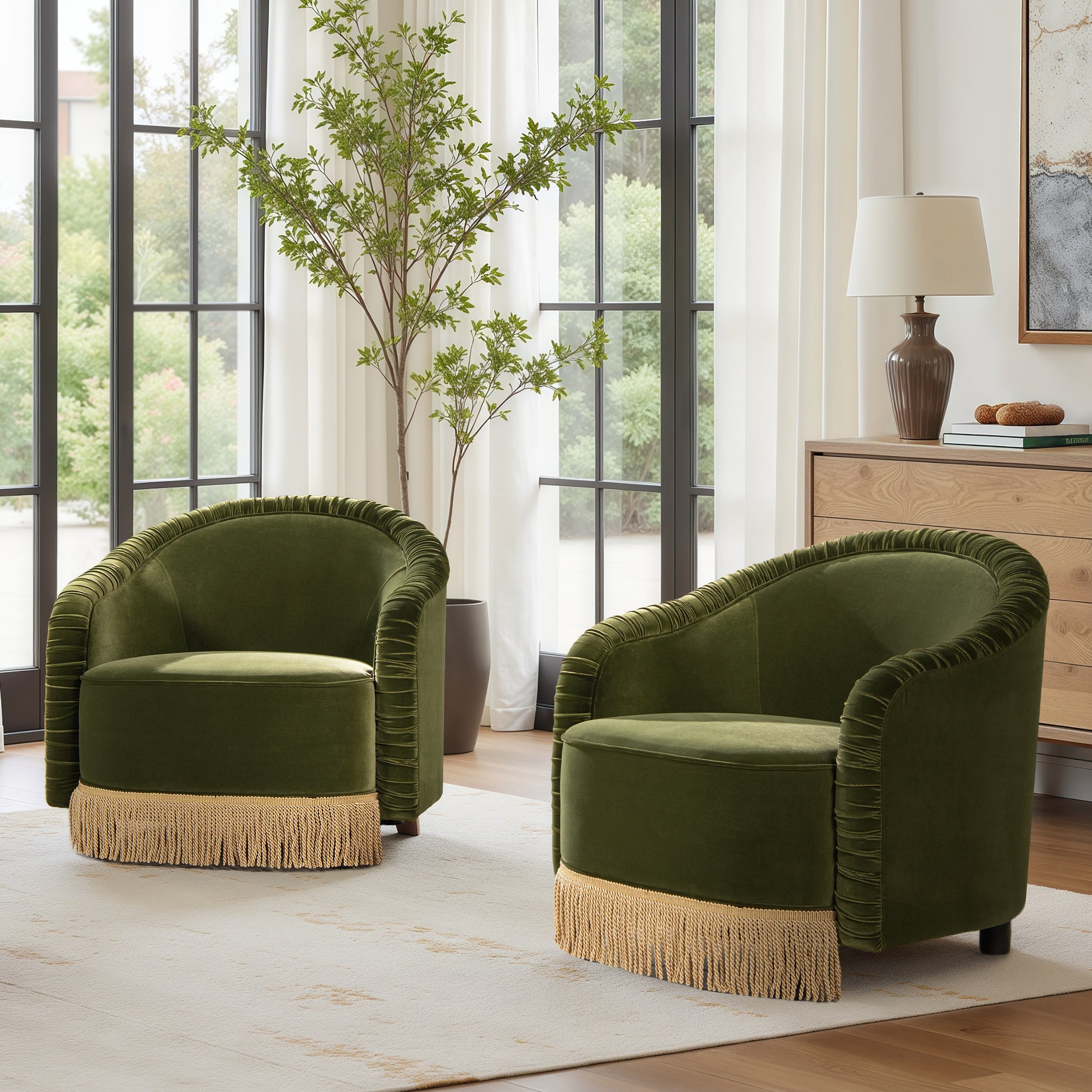 Serena 31.5" Ruched Barrel Back Accent Arm Chair with Bullion Fringe, Olive