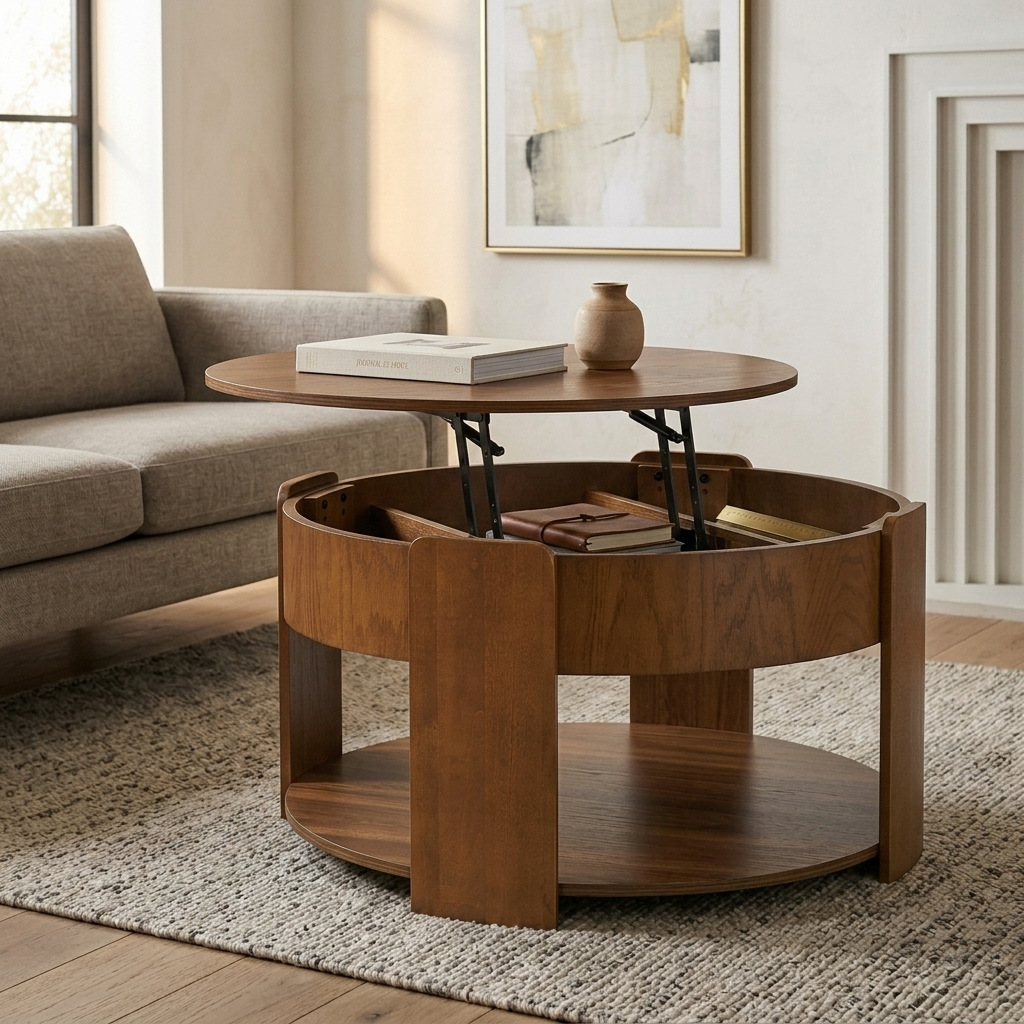 Vibe Haus Farmhouse Round Lift Top Coffee Table with Hidden Storage