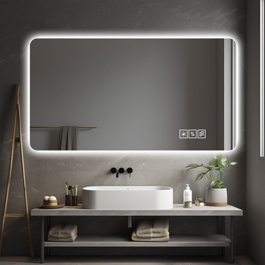Wall Mounted LED Lighting Mirror With 3 Color Lighting, Dimming, Waterproof, Anti Fog, Touch Switch - Silver