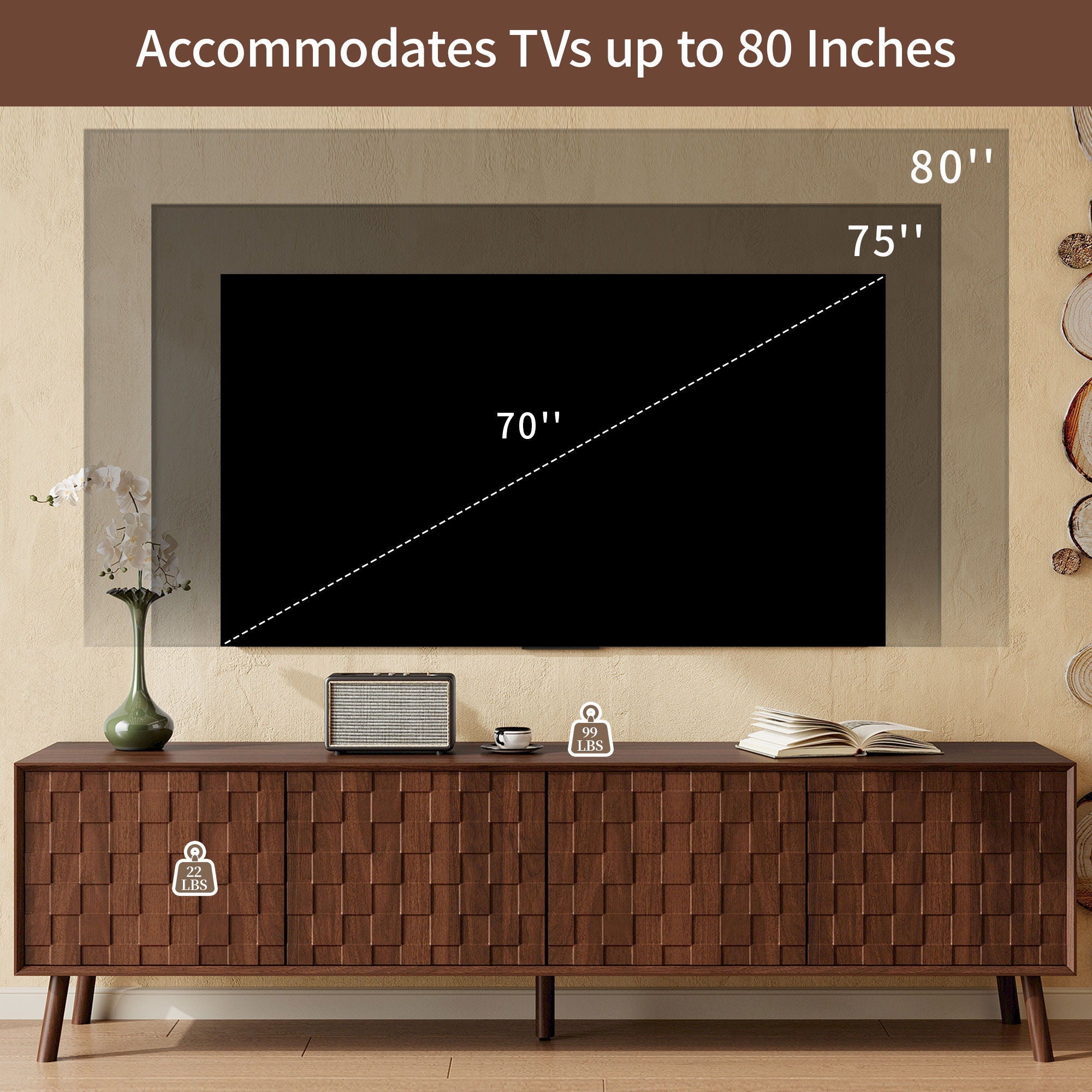TV Stand With Soft Closing Hinges And Cable Management - Walnut